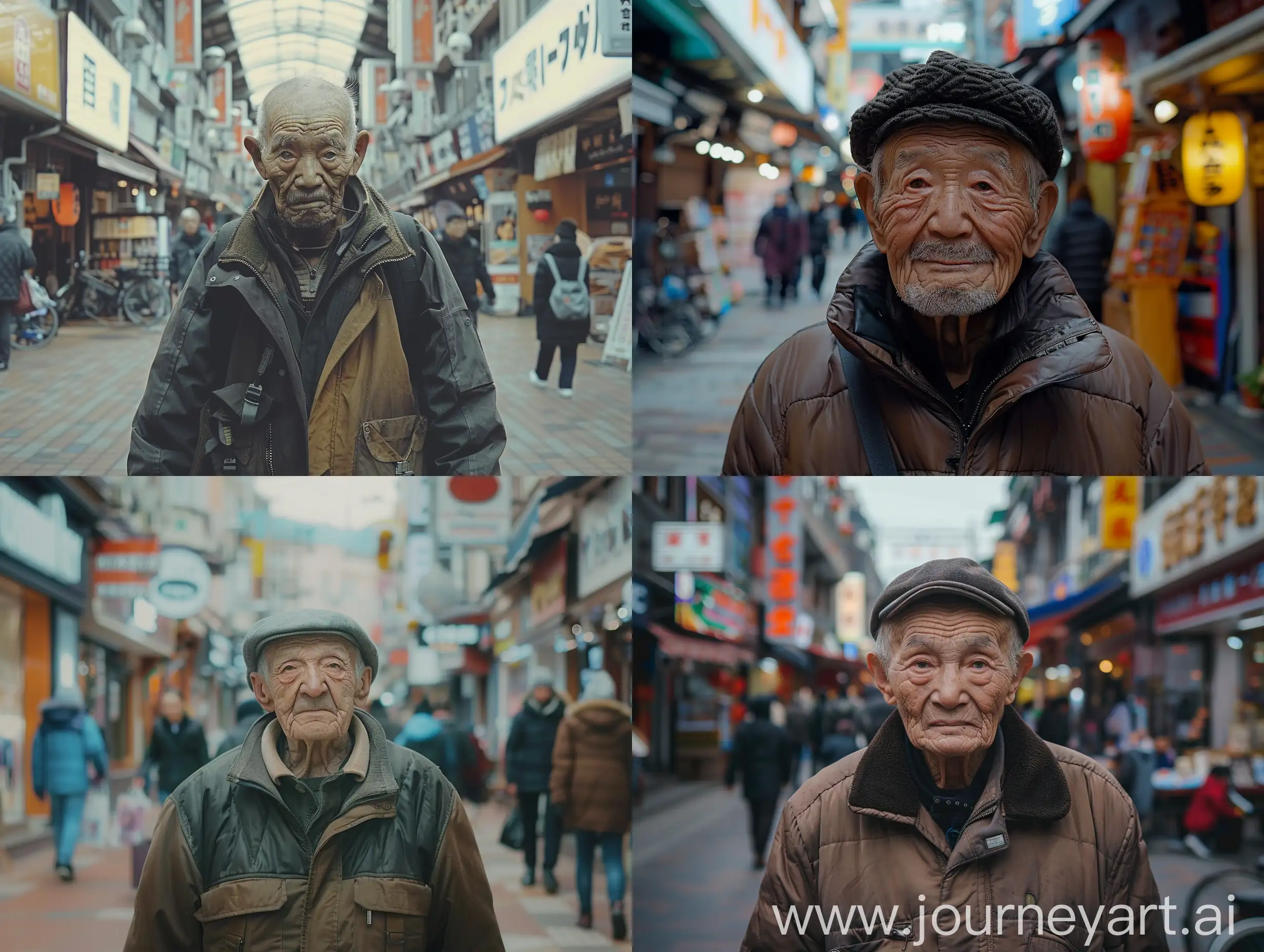 an old man in middle of a shopping street in the far future
