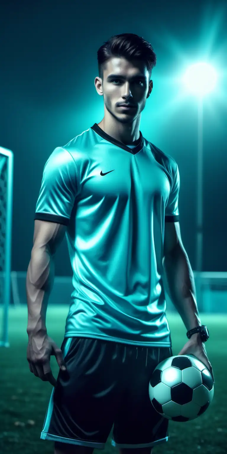 Handsome Athlete with Soccer Ball in Tiffany Blue Tone
