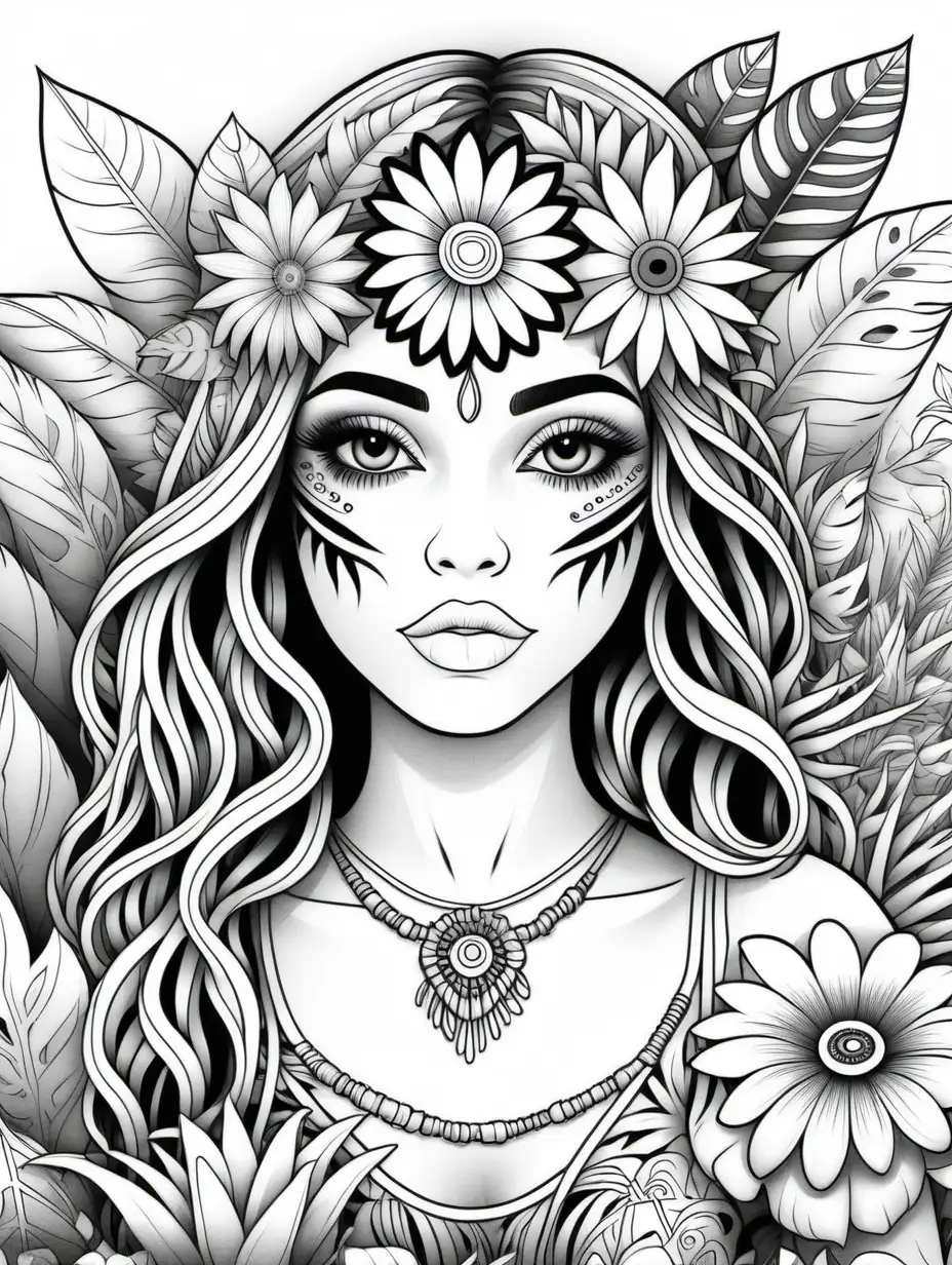 clean line art,simple,black and white,coloring book page, jungle,hippy girl,joy,trippy,amnita,flowers,bohemian,boho