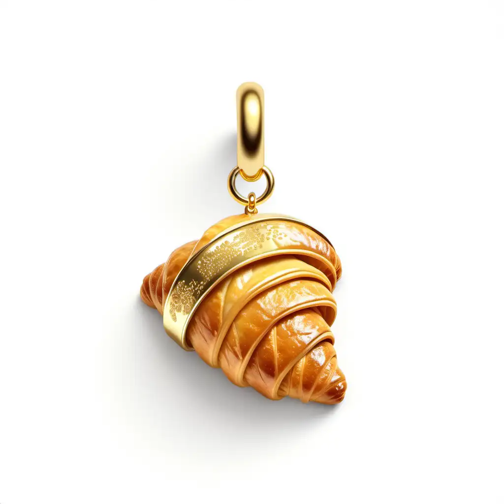 Golden Croissant Charm on White Background