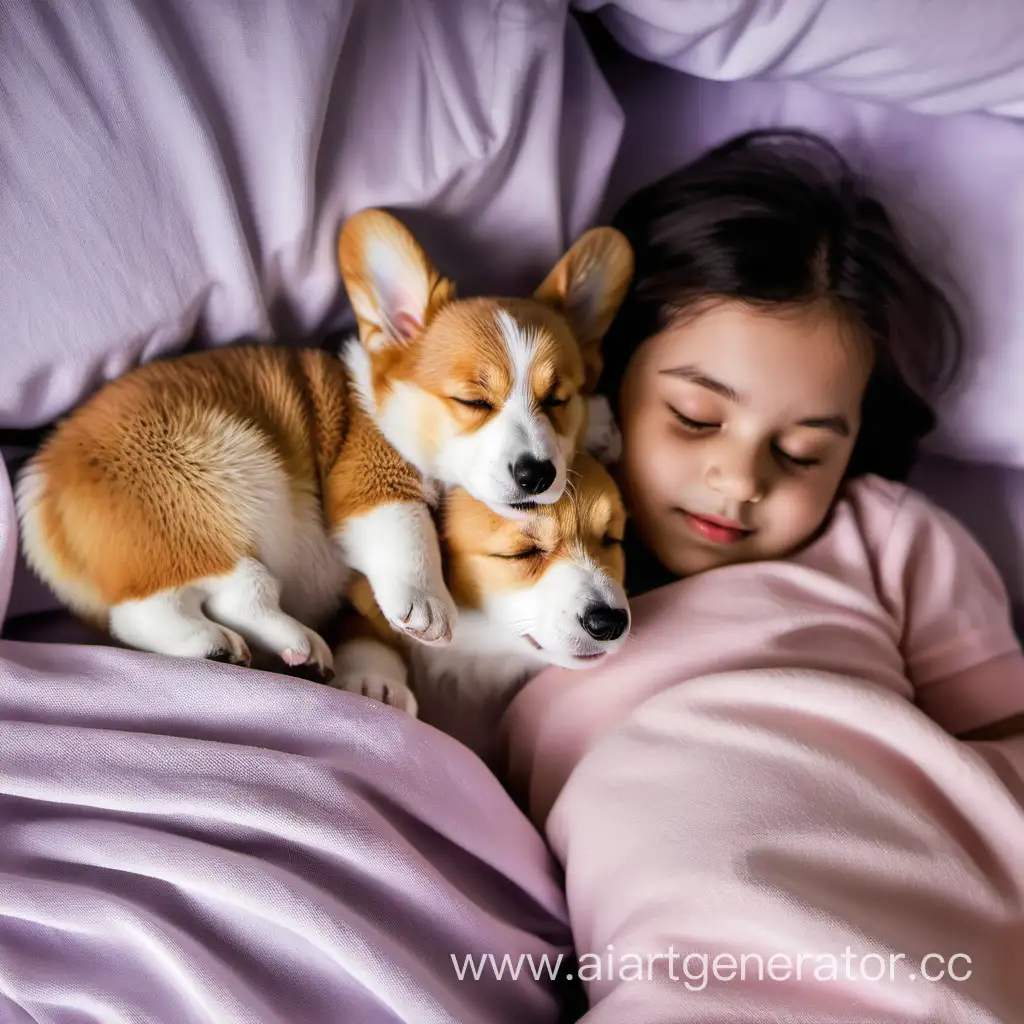 Adorable-Corgi-Puppy-Sleeping-Peacefully-with-a-Little-Girl