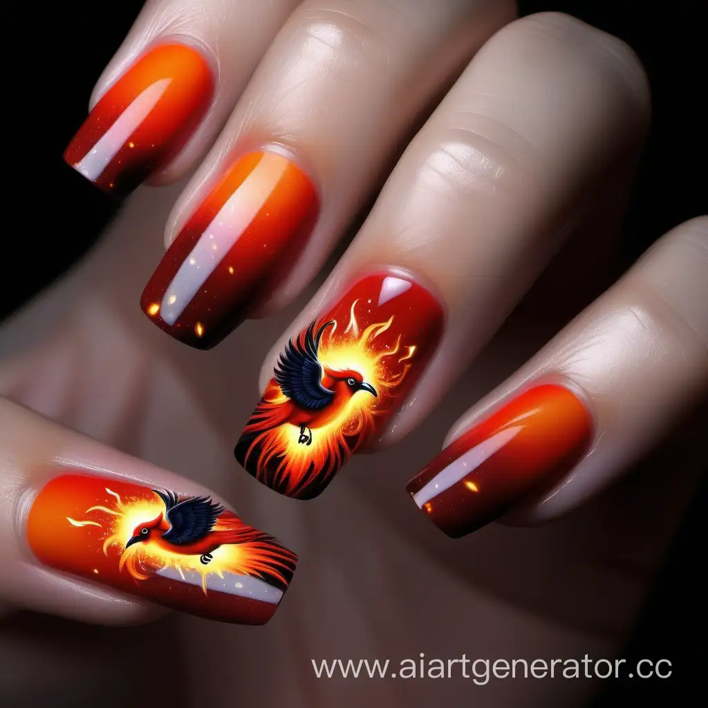 Manicure with a fiery bird and sparks