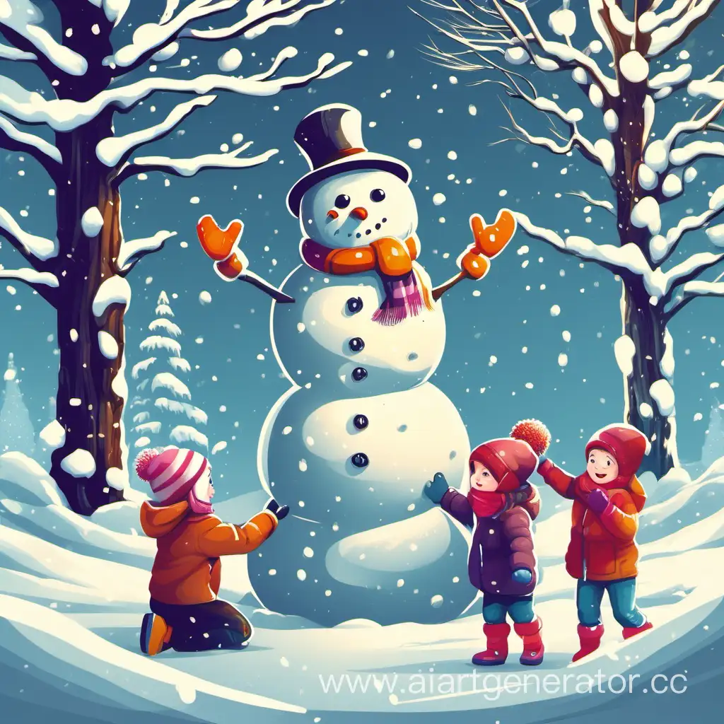 снеговик и дети играют пушистая зима