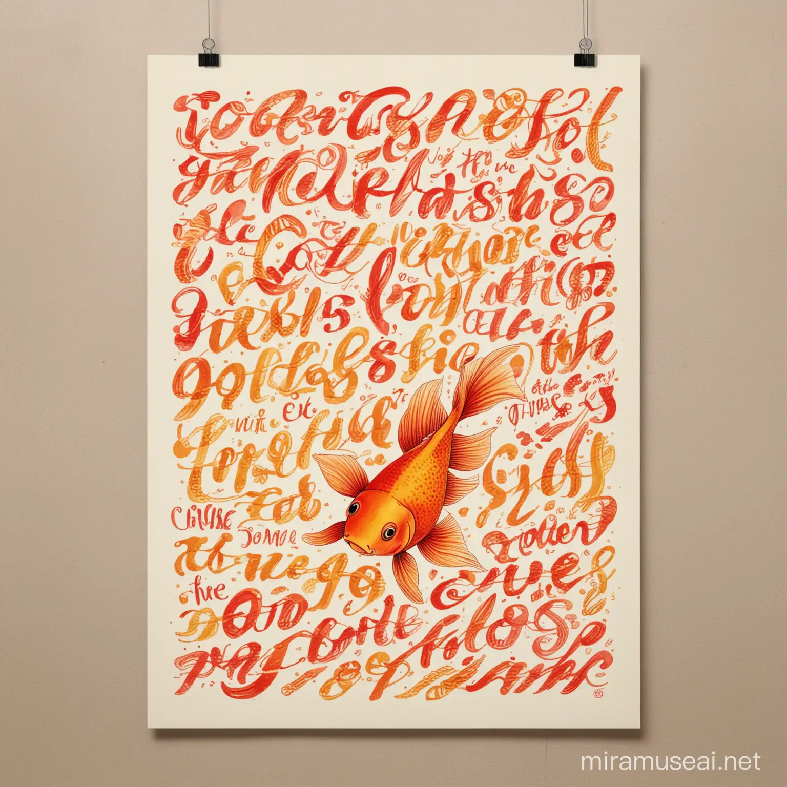 Vibrant Goldfish Swimming Among Scattered Red and Yellow Script Posters