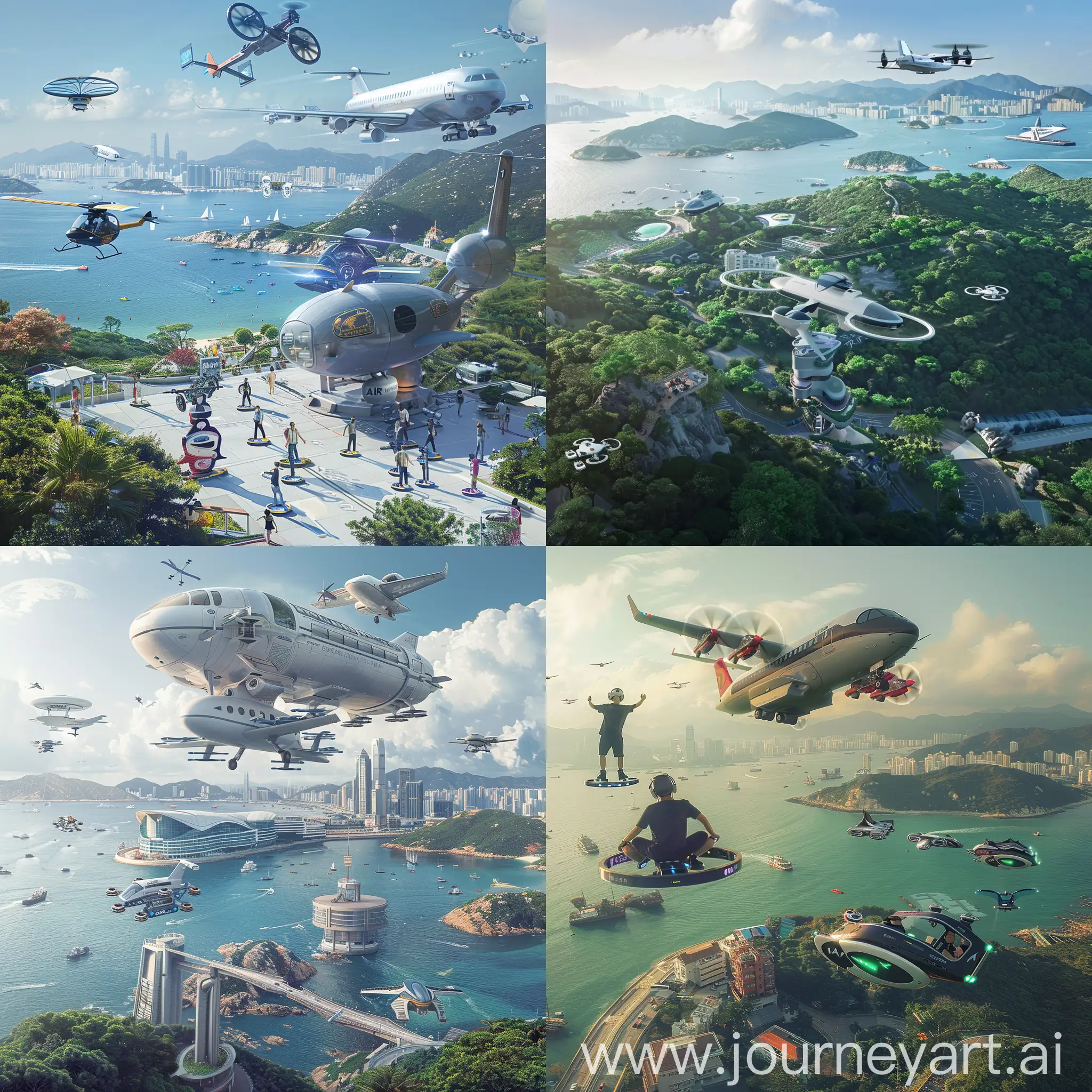 Hong Kong's Cheung Chau Island in 2050 has built a low-altitude transportation system with hoverboards, air taxis and large Airbus, but also retains an aerial view of the bay