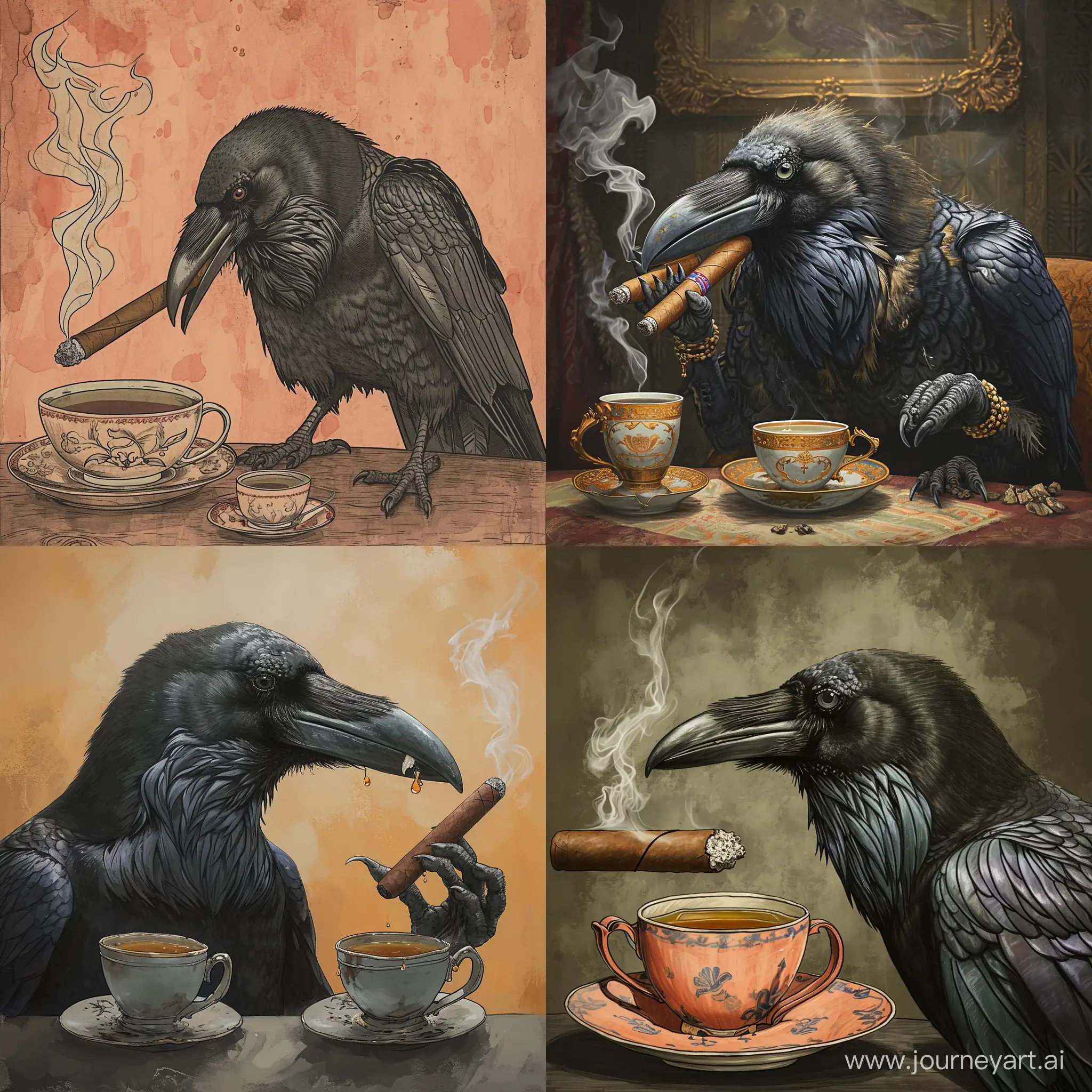 A British raven drinks a couple of tea and smokes a cigar 