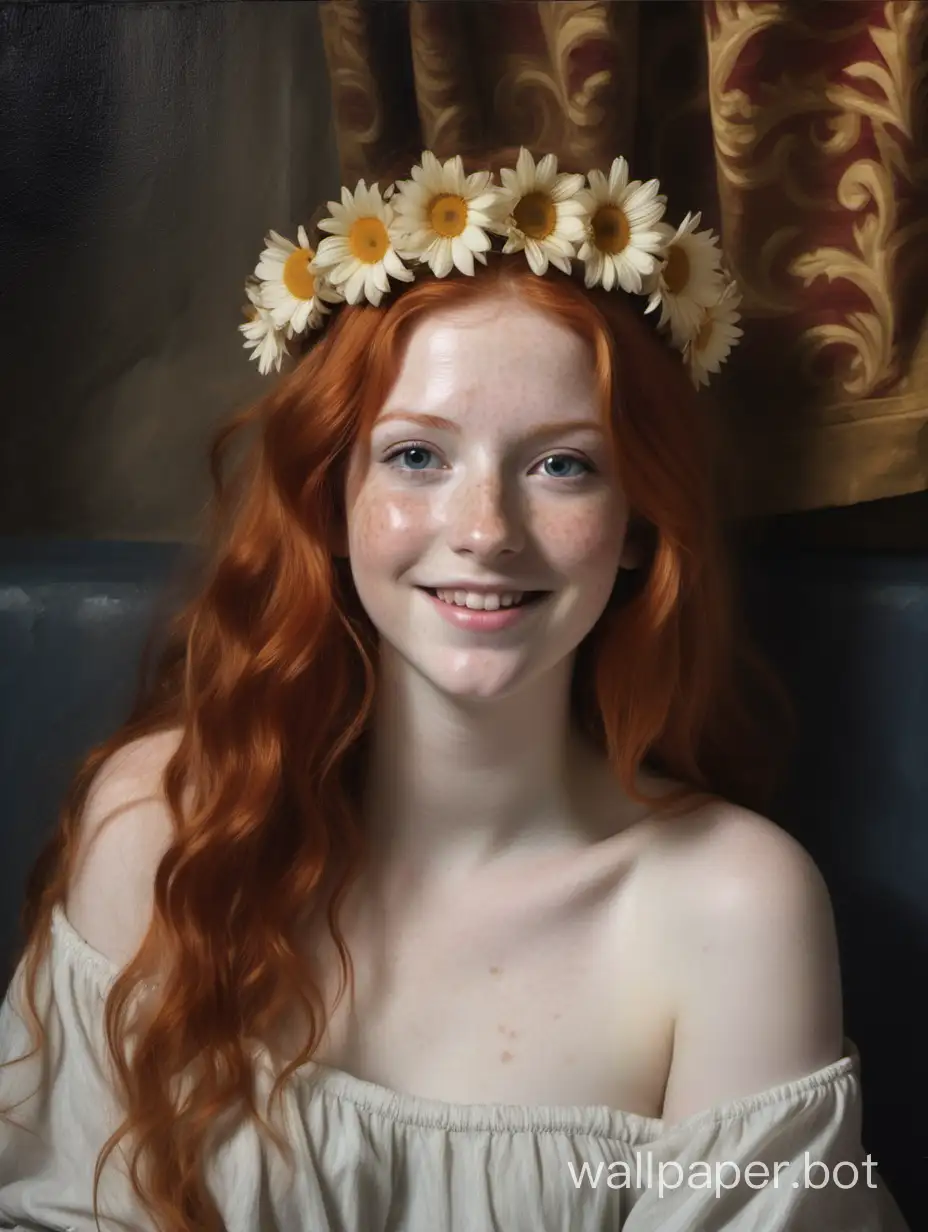 painting of a beautiful 22 year old redhead woman, she is pretty, she has grey eyes, she has pale skin, she has lots of freckles, she has long light red hair that is wavy and parted in the middle and falls in curtains, she is wearing a flower crown, she has a beautiful innocent face, smiling, beaming, very cute, perfect, she is looking up at the viewer, sense of wonder, lounging in a roman bathhouse, Velazquez painting style