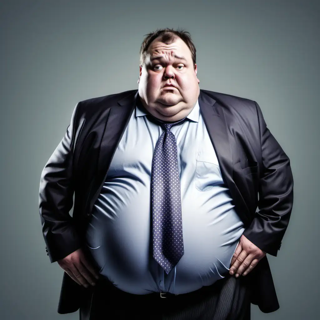 create an image of an overweight 50 year old business man who is depressed and unhealthy and broke