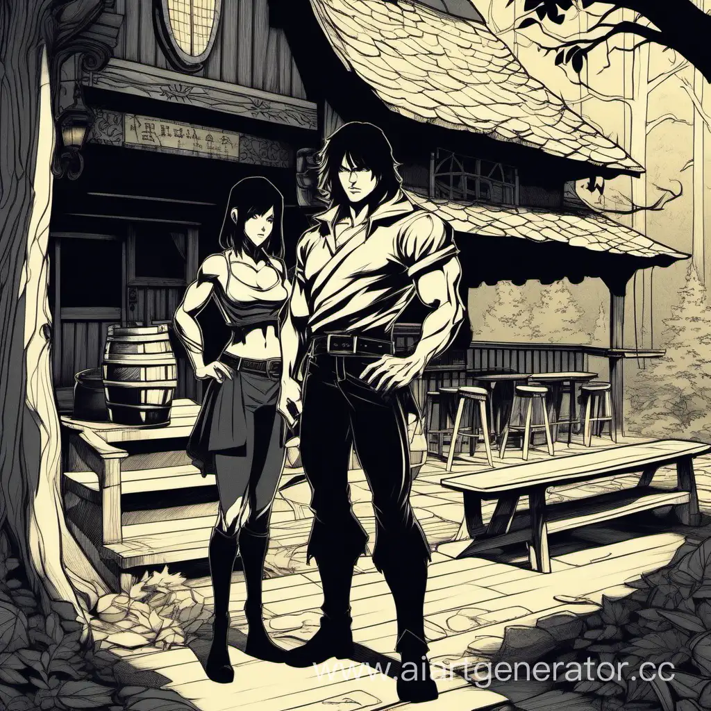 Outside a tavern in a forest stands two people one with shoulder length layered black hair and lean muscle while the other looks the same but is a shadow and they look bored