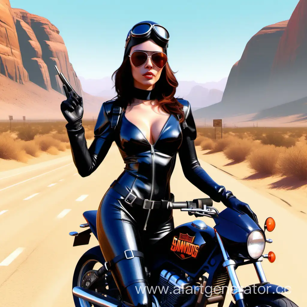 Женщина брюнетка в черном латексном костюме, с мотоциклетным шлемом в руках и в очках авиаторах стоит на фоне оранжевой пустыни с каньонами и длинной дорогой трассой с указателями на населенный пункт, в стиле Grand Theft Auto San Andreas