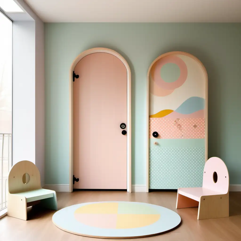 Óvodai bútorok kellemes natúr és halvány pasztell színek, izgalmas egyedi formavilág, mintás ajtó bútorok