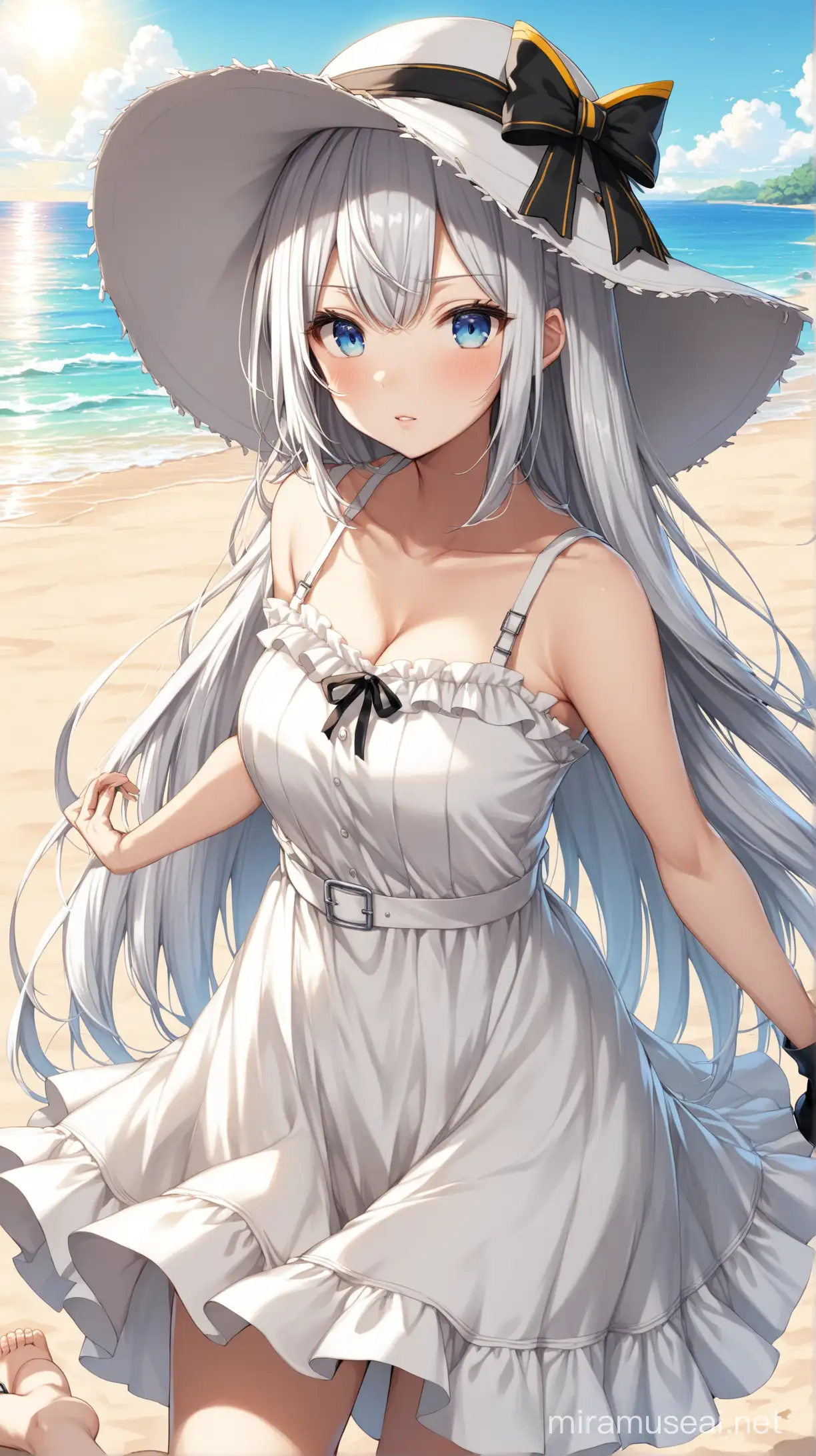 Aesthetic ((Kei Shirogane/Kaguya-sama: Love is War)), ((long silver white hair)), ((blue eyes)), a white sundress with thin straps, skirt ruffles, ((wearing a large brim white floppy beach hat))