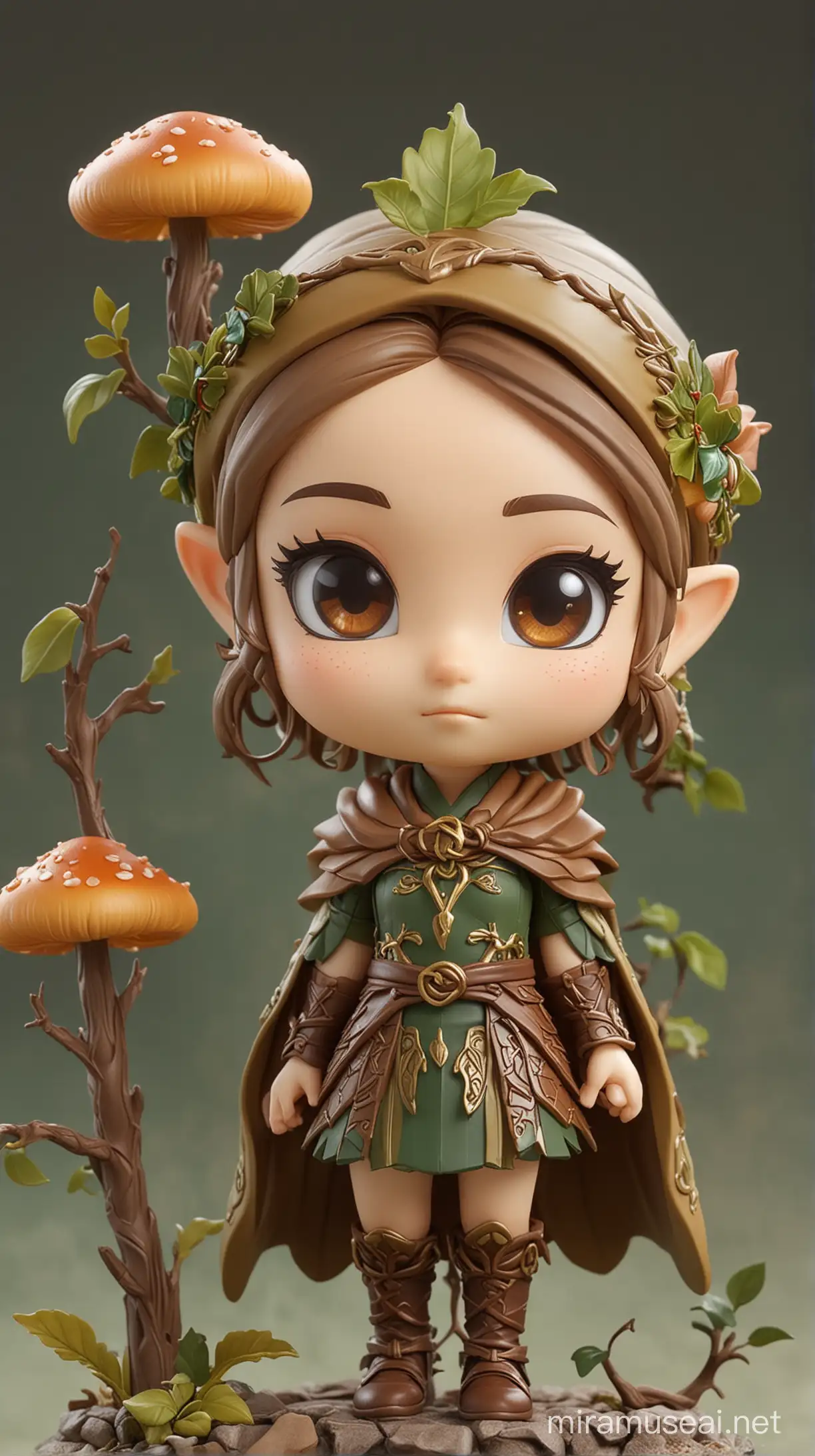 Create a chibi Nendoroid version of an elven being inspired by nature forms; in their conceptual design, elements like mushrooms, tree branches, and leaves are utilized to adorn their attire.