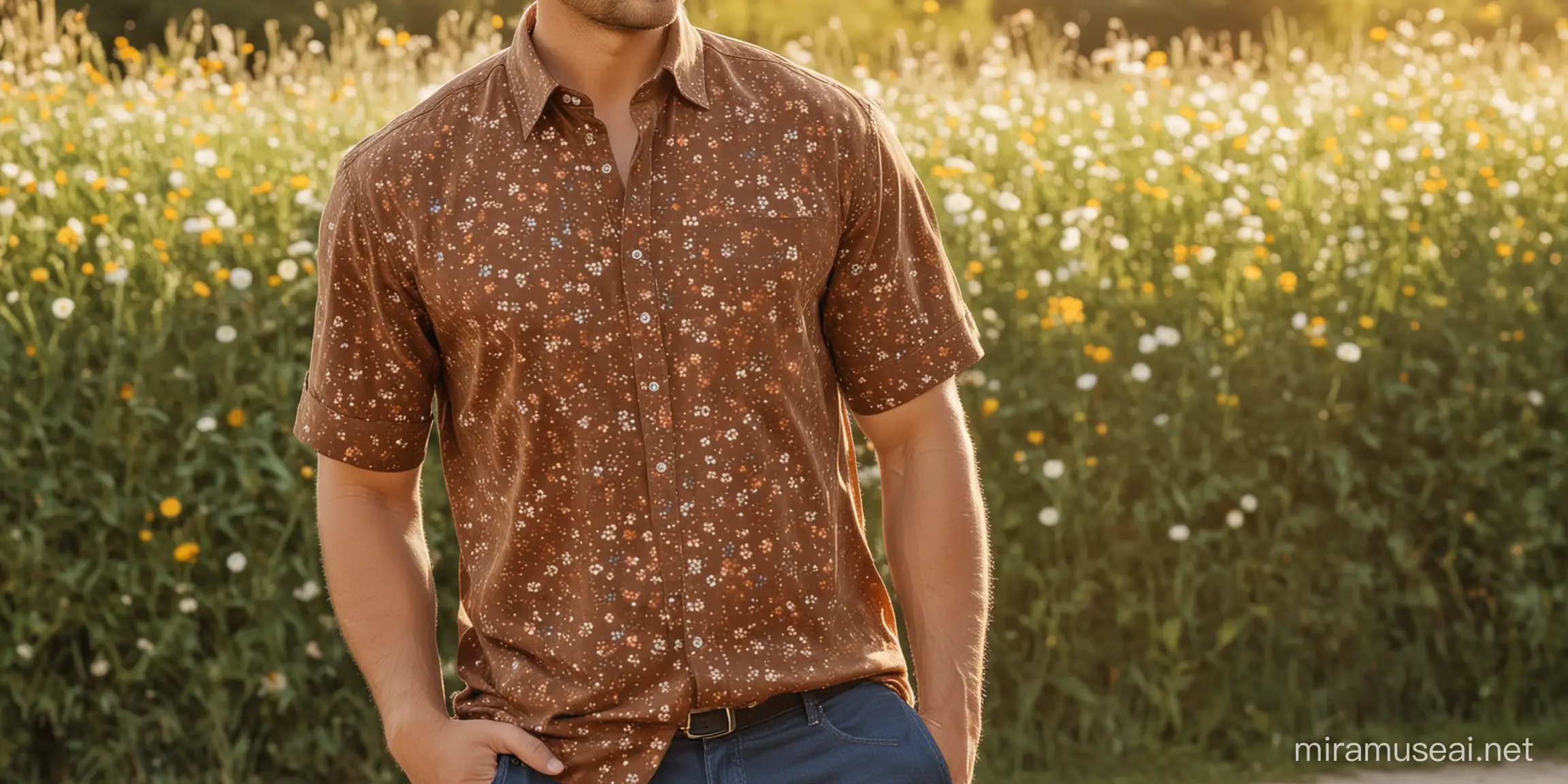 a men wearing brown color shirt, shirt color code is #6b1e26  with small floral design pattern, full figure, background is summer background, blured gradient