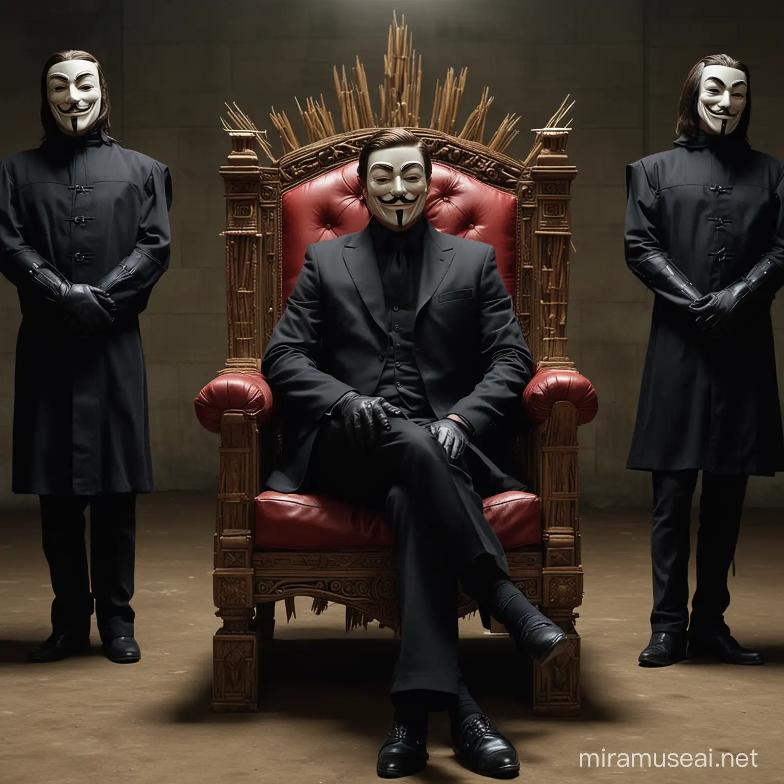 v for vendetta sits on his throne Make his throne an elegant chair and make v for vendetta wear a suit