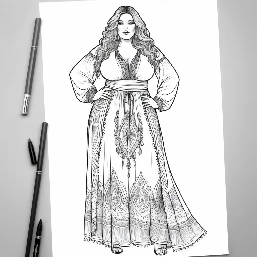 Curvy Bohemian Fashionista Coloring Page in a Boutique