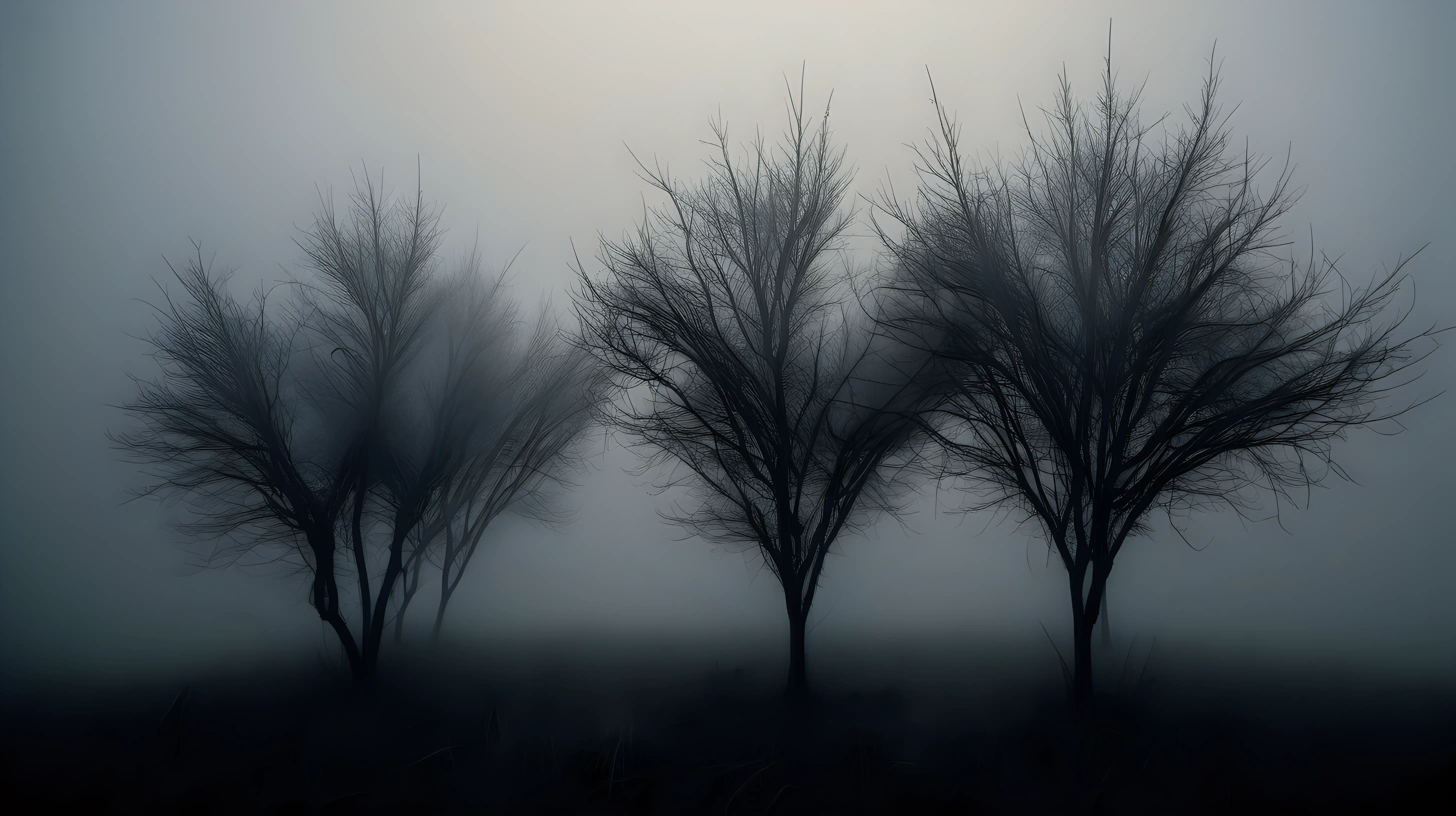high dry small trees grass dense fog drops darkness soft light