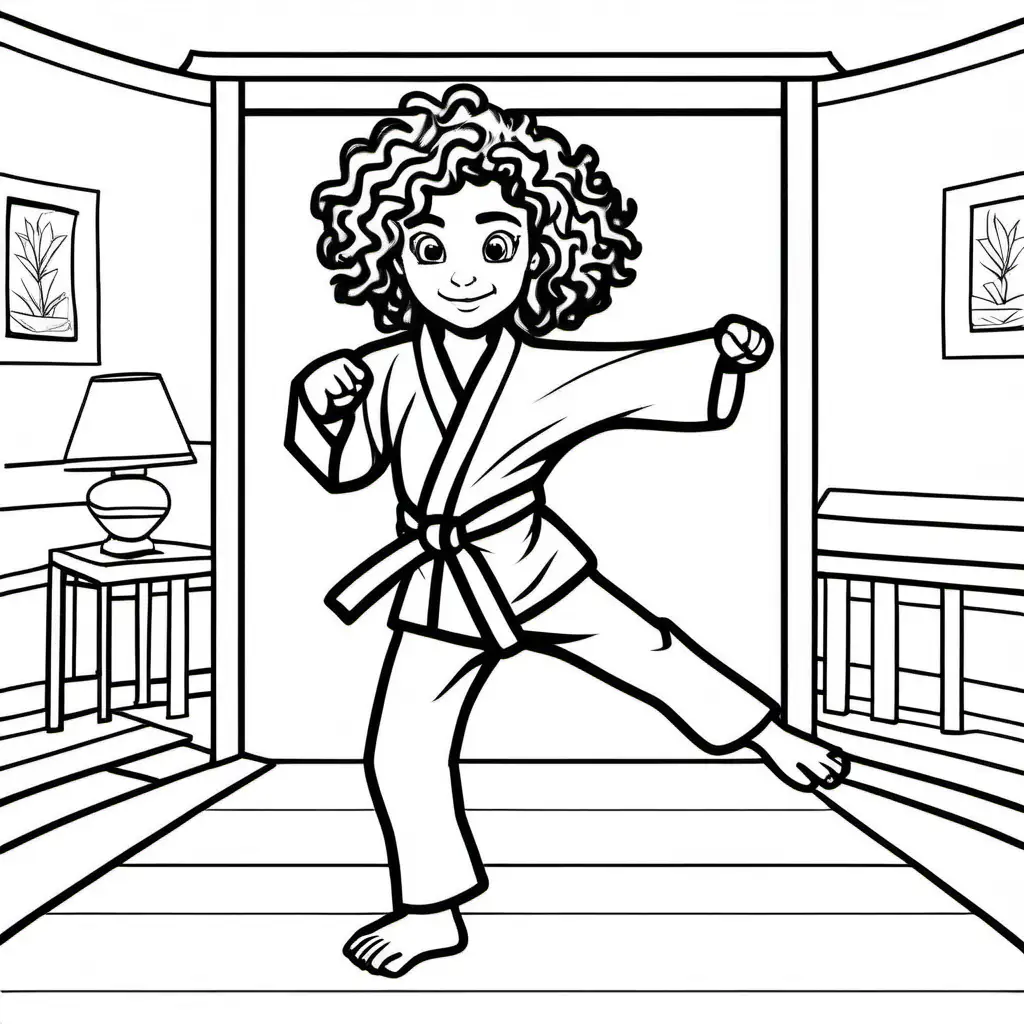 girl doing karate doing a high round house kick with curly hair  , Coloring Page, black and white, line art, white background, Simplicity, Ample White Space. The background of the coloring page is plain white to make it easy for young children to color within the lines. The outlines of all the subjects are easy to distinguish, making it simple for kids to color without too much difficulty
