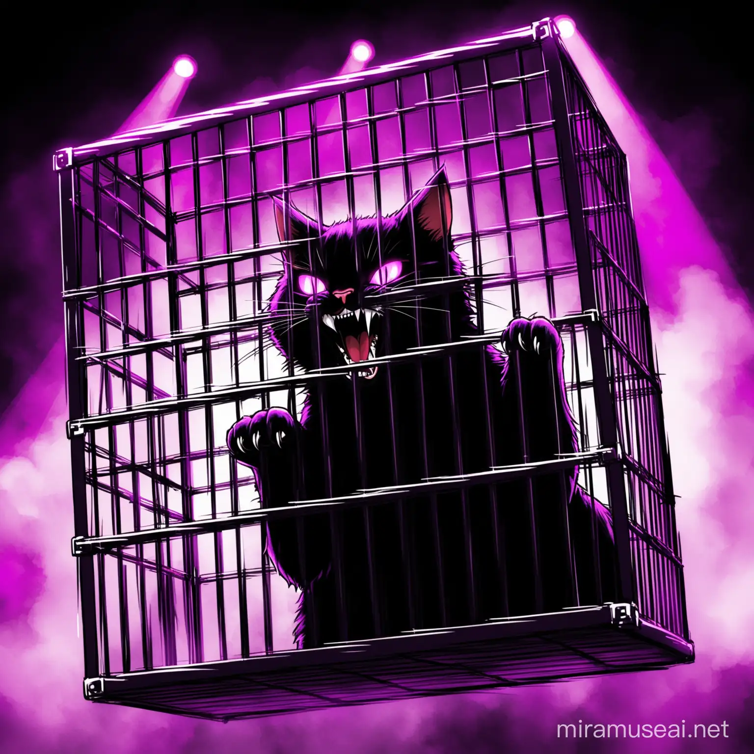 Demonic Cat Trapped in Cage amidst Dubstep Concert