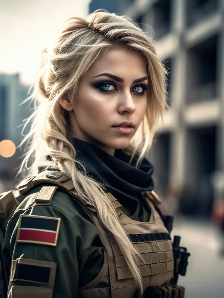 Beautiful Nordic woman, very attractive face, detailed eyes, slim body, dark eye shadow, messy blonde hair, wearing a tactical military cosplay outfit, bust shot, bokeh background, soft light on face, rim lighting, facing away from camera, looking back over her shoulder, standing in front of a middle eastern city, Illustration, very high detail, extra wide photo, full body photo, aerial photo