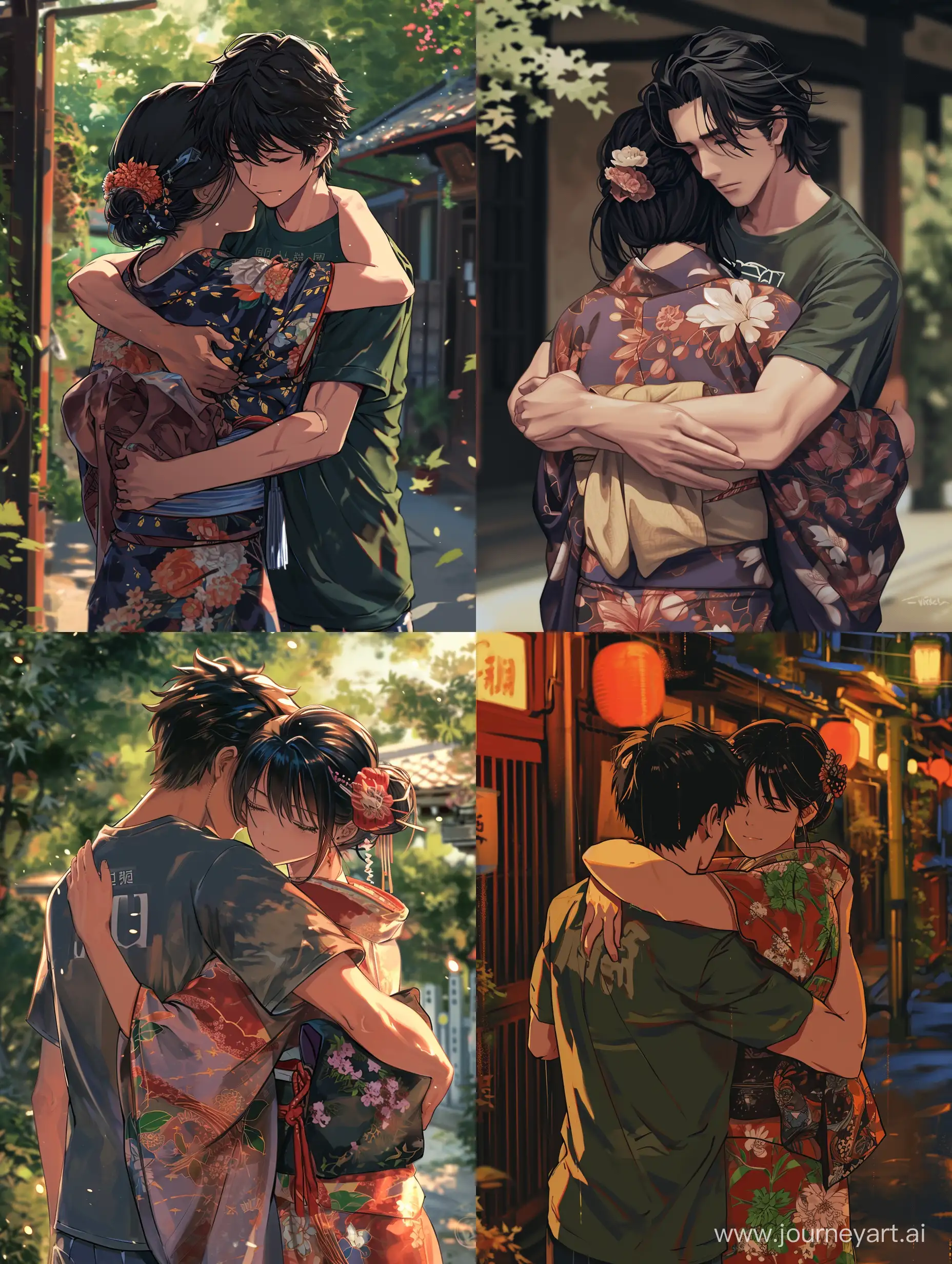 an anime scene, best quality, a man in T-shirt hug a woman in kimono tightly, the woman turn her back to the viewer ultra detailed --q 2 --ar 3:4 --v 6