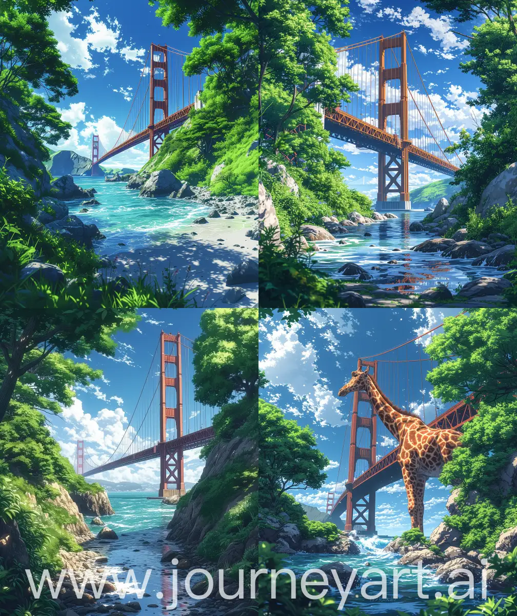 Beautiful anime scenary, golden gate bridge, ground level shot from a ocean , beautiful bridge view, greenery, rock around, Ultra HD, day time, illustration, anime scenary, mokoto shinkai style, --ar 27:32 --s 400