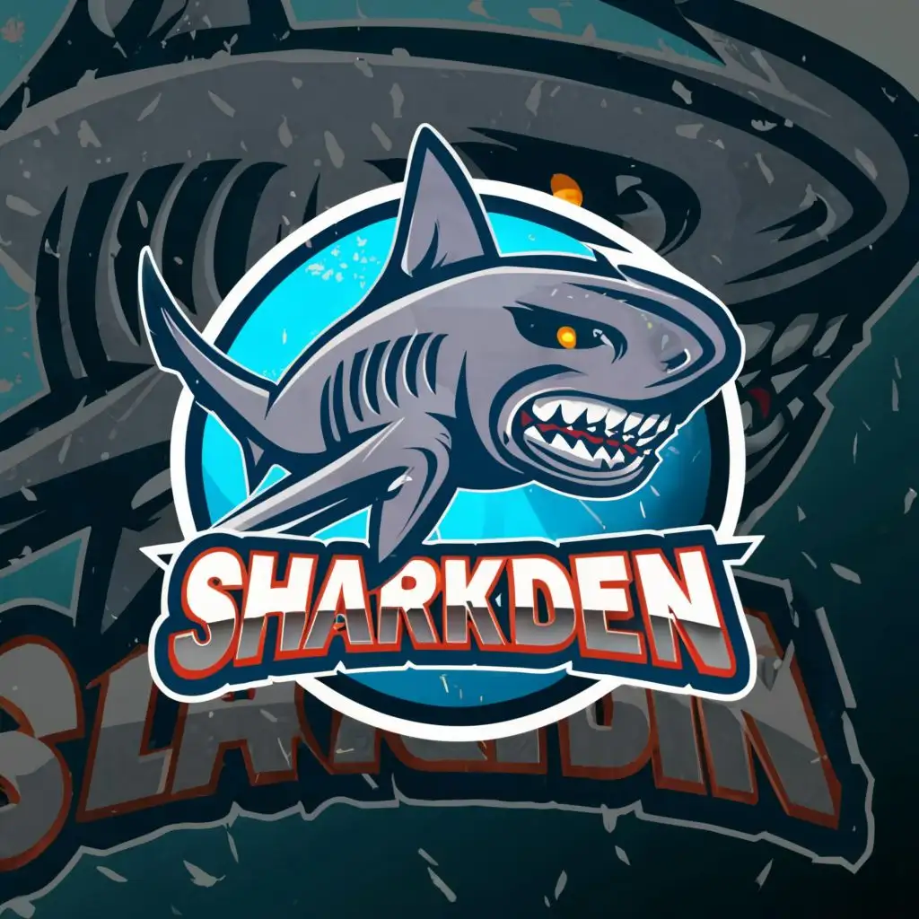 a logo design,with the text "SharkDen", main symbol:Shark,complex,clear background
