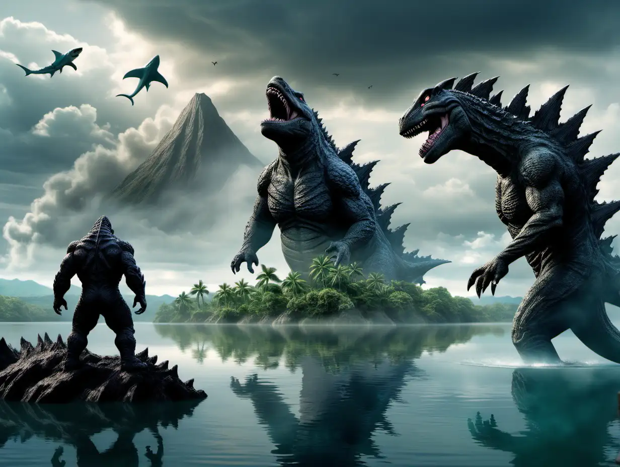 Godzill and monster shark looking across a lake at an island full of dinosaurs