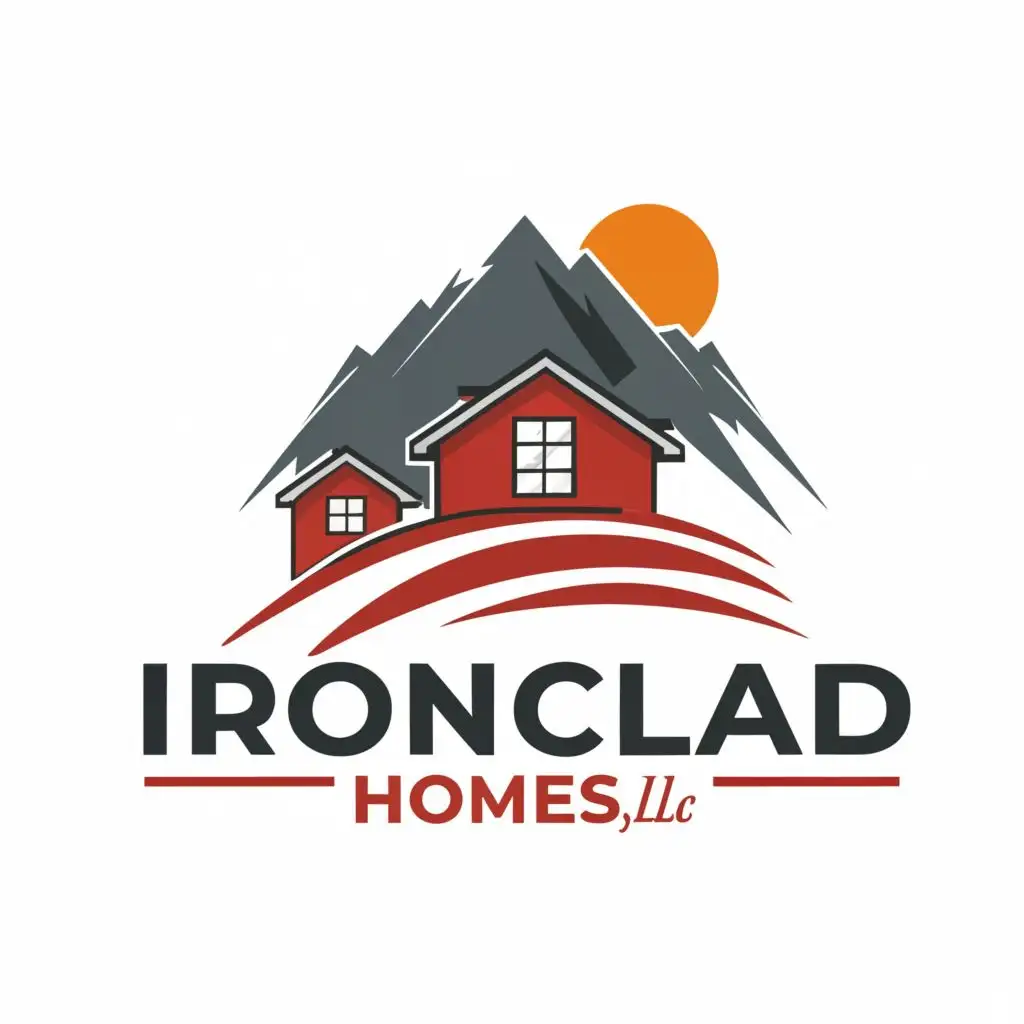 logo, Mountain background with a modern home in the foreground. Mountain outline is in iron red color. The house is shaped liked the mountain behind it. High Resolution image., with the text "Ironclad Homes, LLC", typography, be used in Construction industry