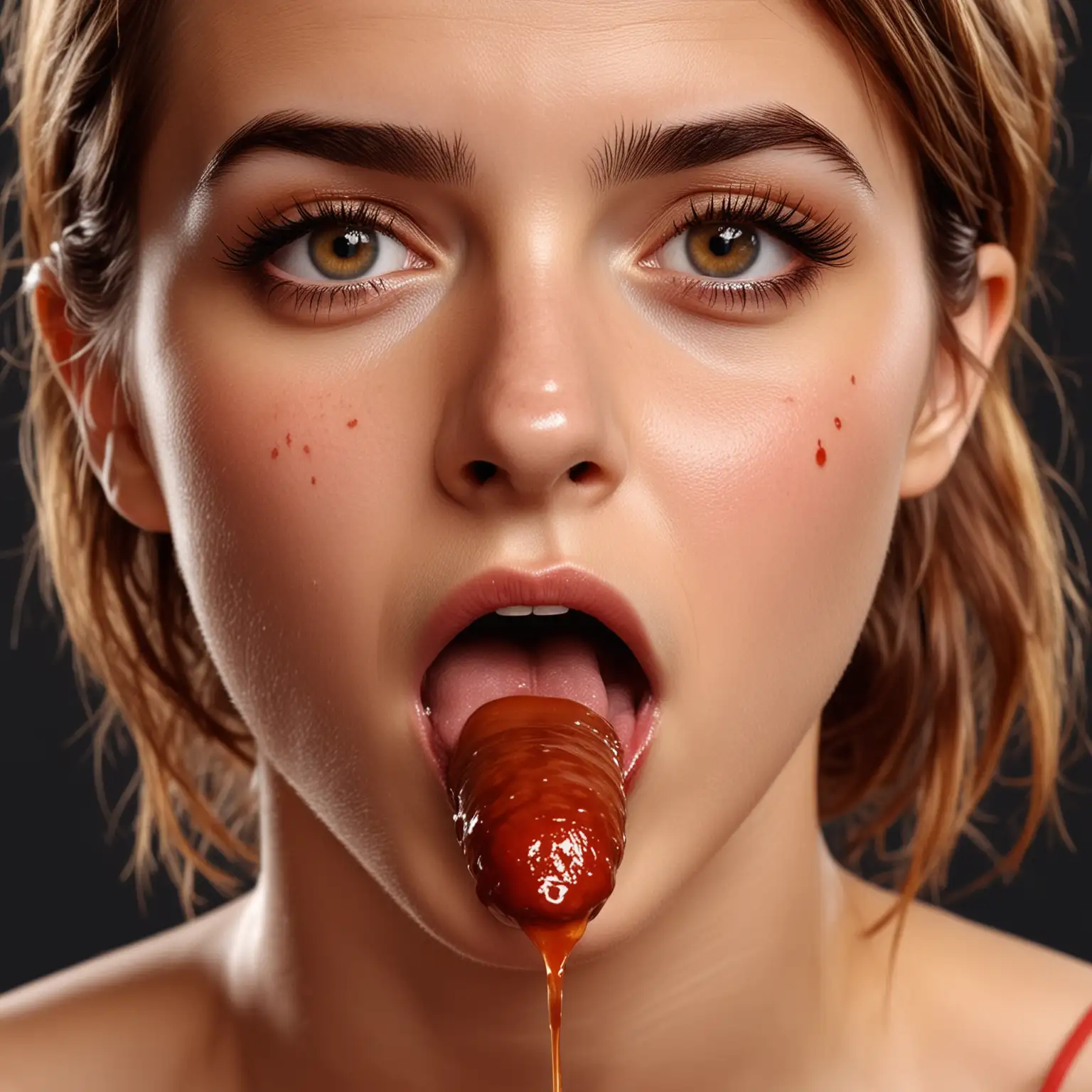 gros plan visage emma watson, mange une saucisse, du ketchup coule le long de sa bouche, photographie, réaliste