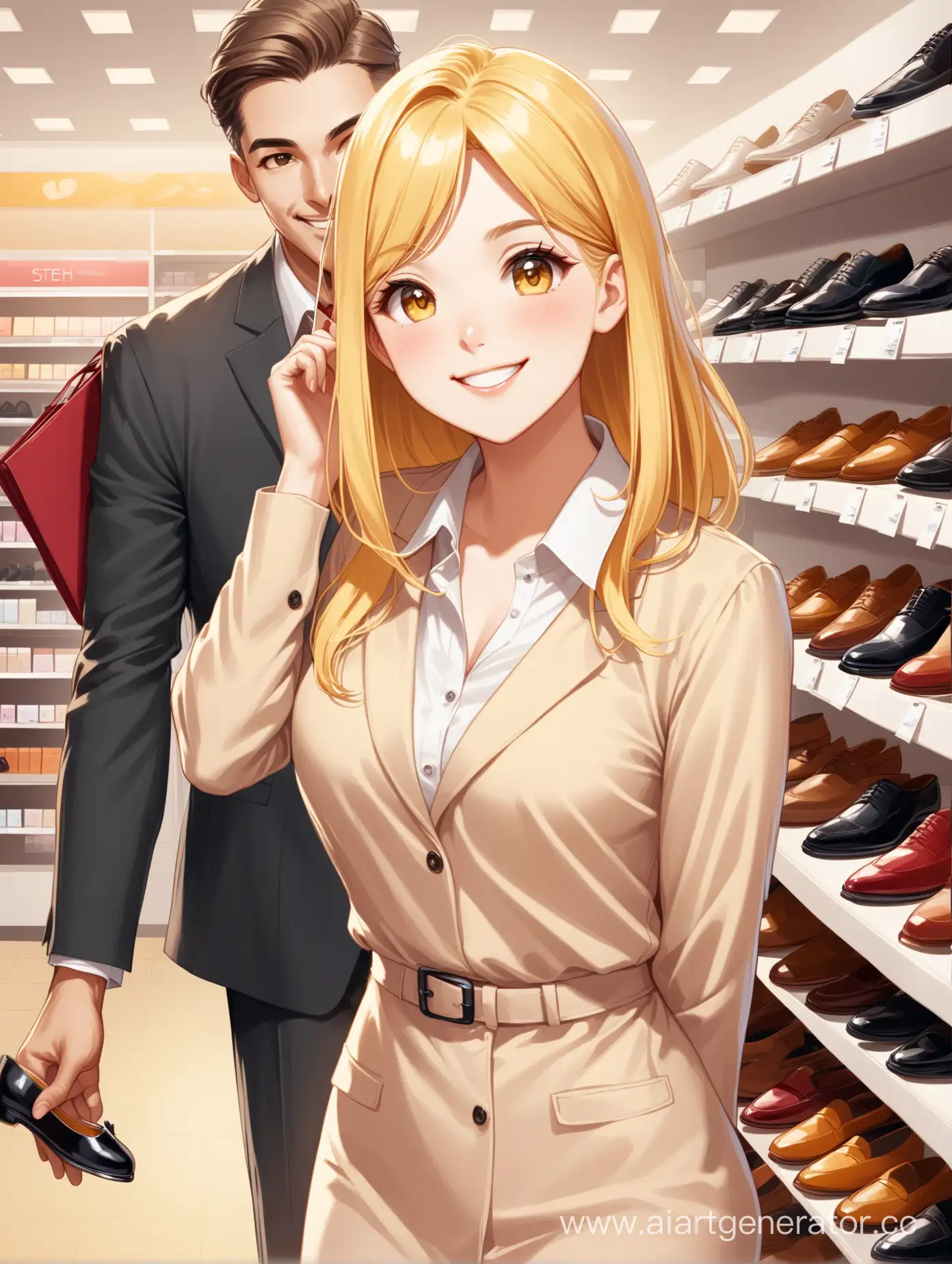  девушка блондинка  продавец обуви в магазине  встречает покупателей с улыбкой