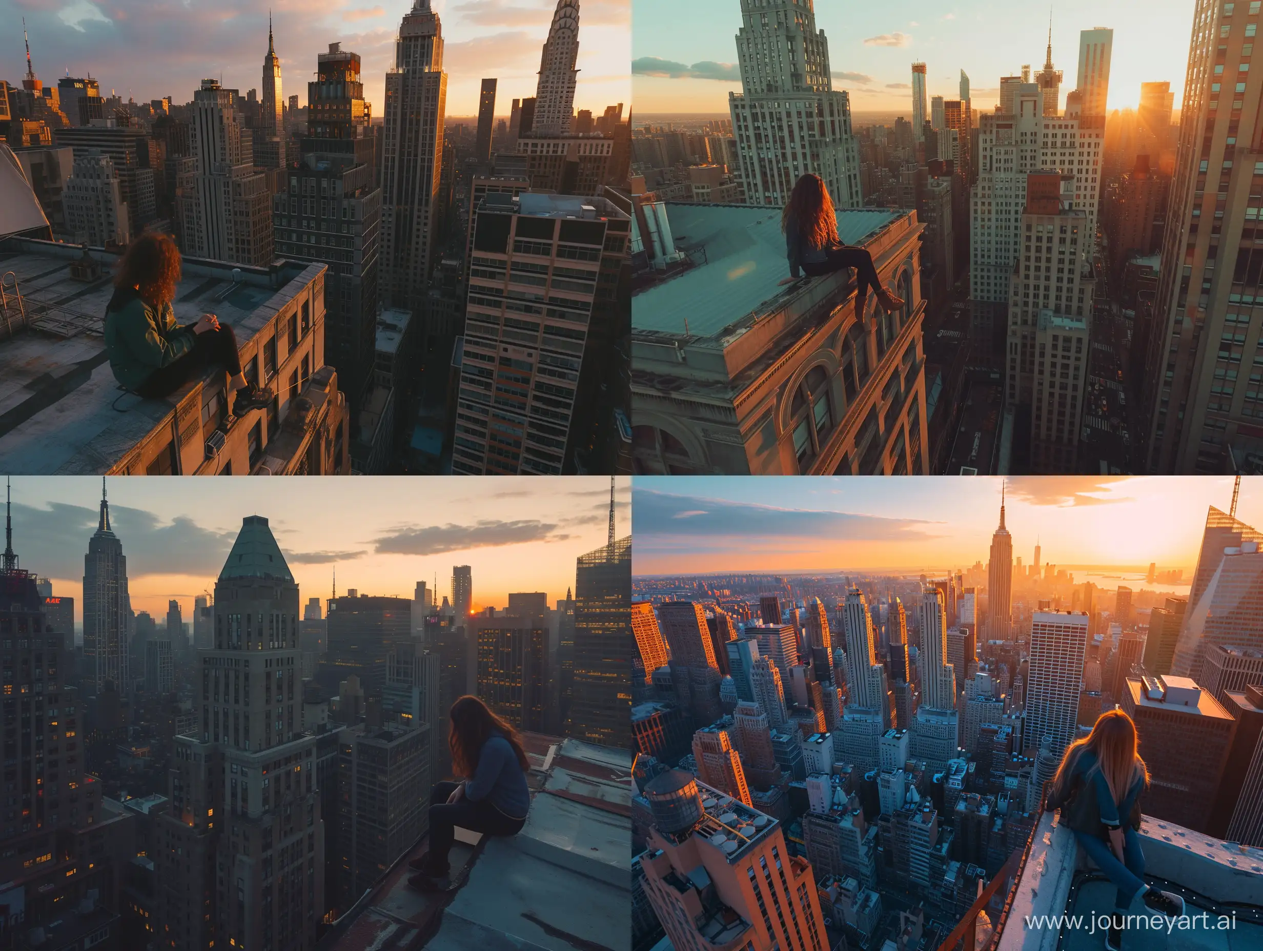 a bustling new new york city, the photo is bathed in natural lighting, sunset time setting. Shot in 4k with a high end DSLR camera. such as a Canon EOS R5 with a 50mm f/1. 2 lens, architecture, drone view, skyline, a woman is sitting on the edge of a high rooftop
