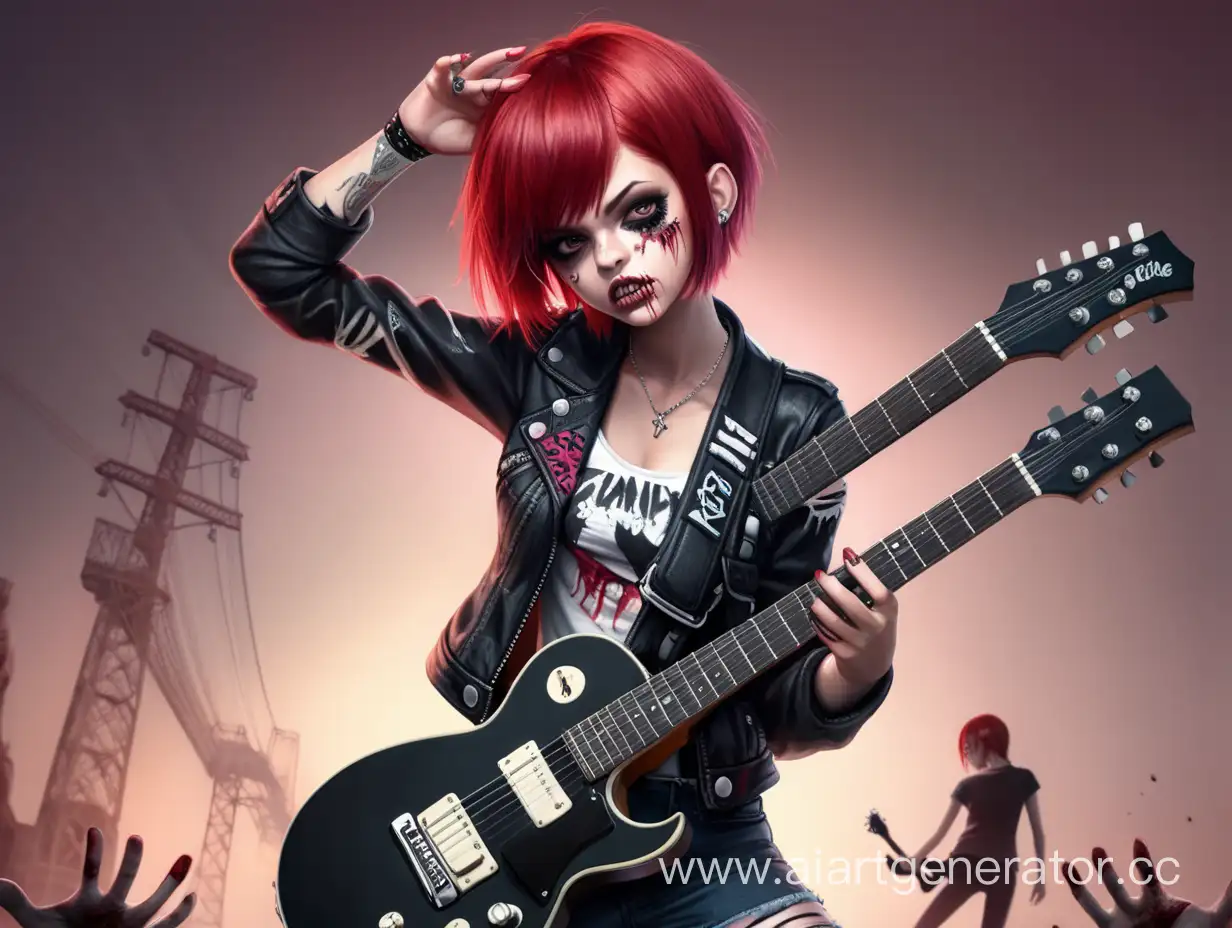 A girl with short red hair in punk rock clothes is standing in a zombie pose, and a guitar is hanging on her back
