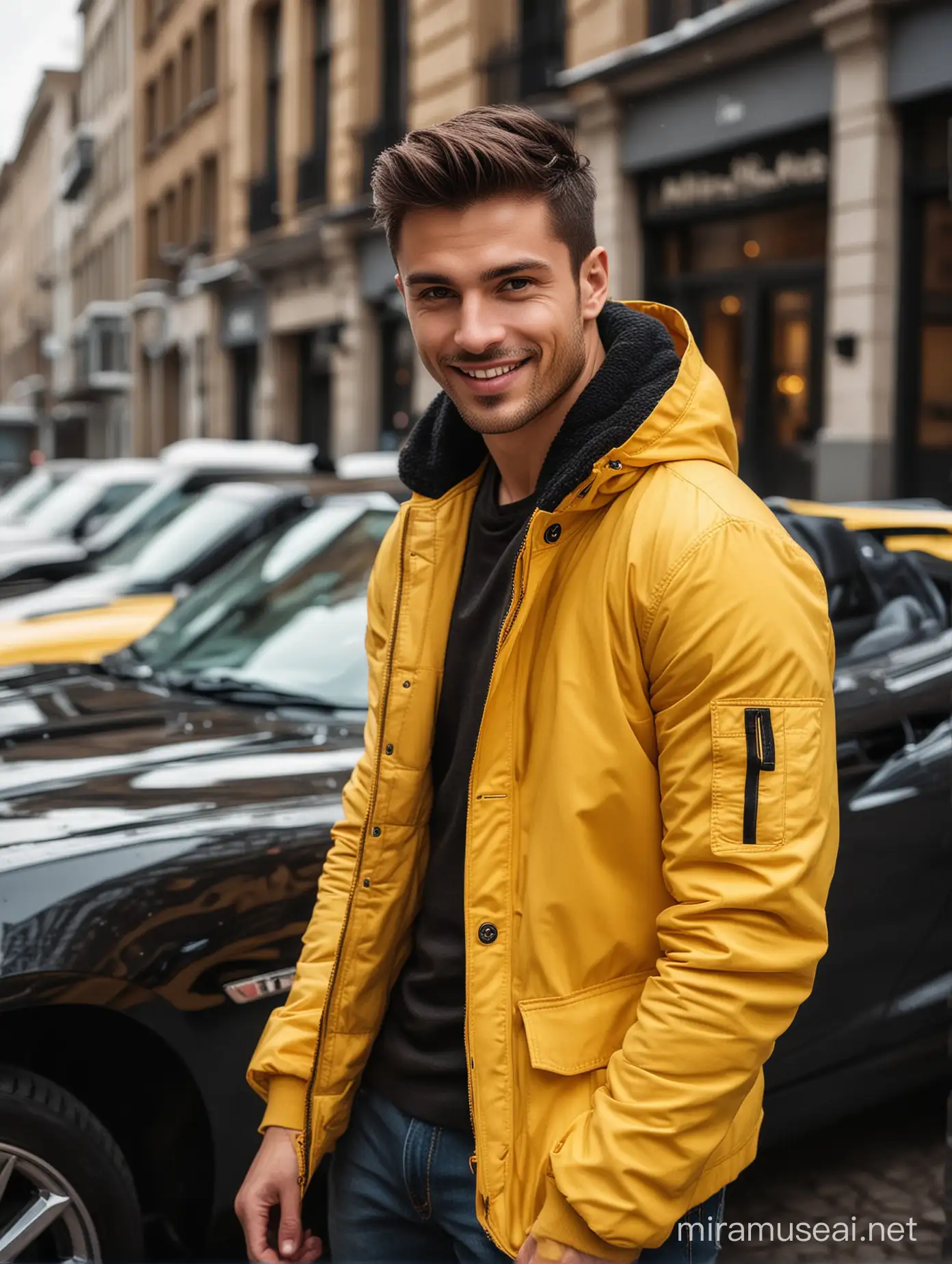 Charming Man in Stylish Winter Fashion with Sports Car in Metropolis