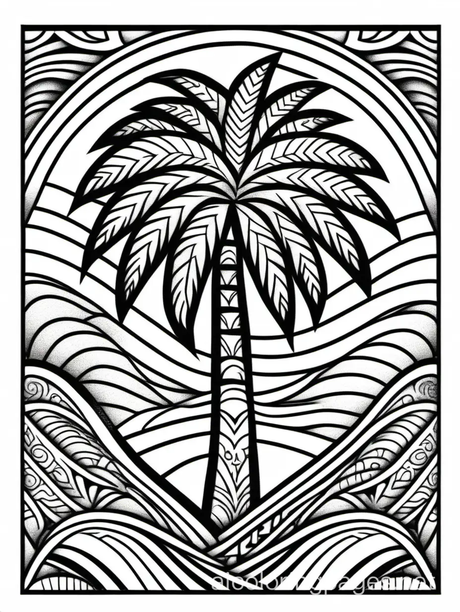 Polynesian tattoo palm tree, Coloring Page, black and white, line art, white background, Simplicity, Ample White Space. The background of the coloring page is plain white to make it easy for young children to color within the lines. The outlines of all the subjects are easy to distinguish, making it simple for kids to color without too much difficulty