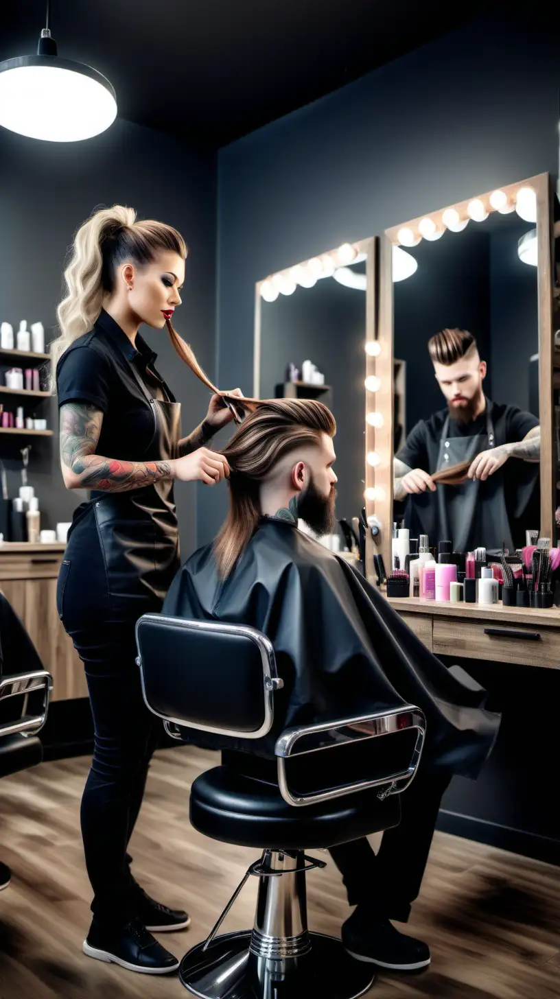 A hairstylist in his work environment, hyper realistic photography, ultra detailed