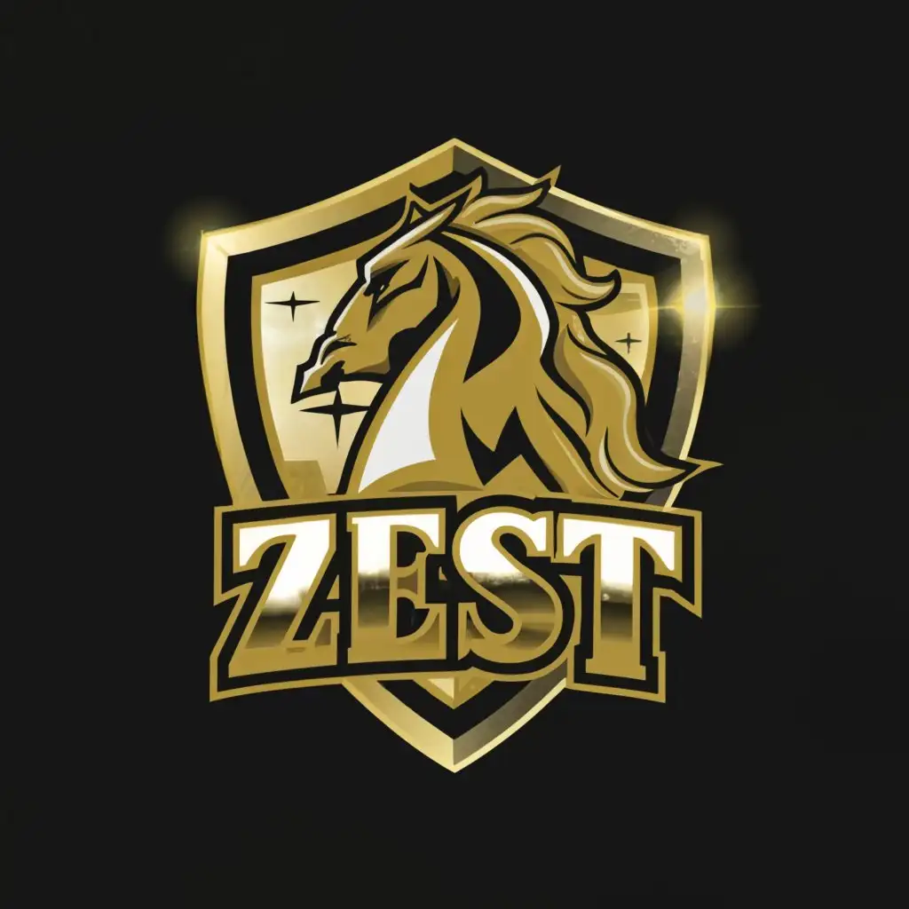 a logo design, with the text 'ZEST', main symbol: HORSE ANGRY INSIDE A SHIELD READY TO RACE, GOLDEN COLOUR, Moderate, clear background