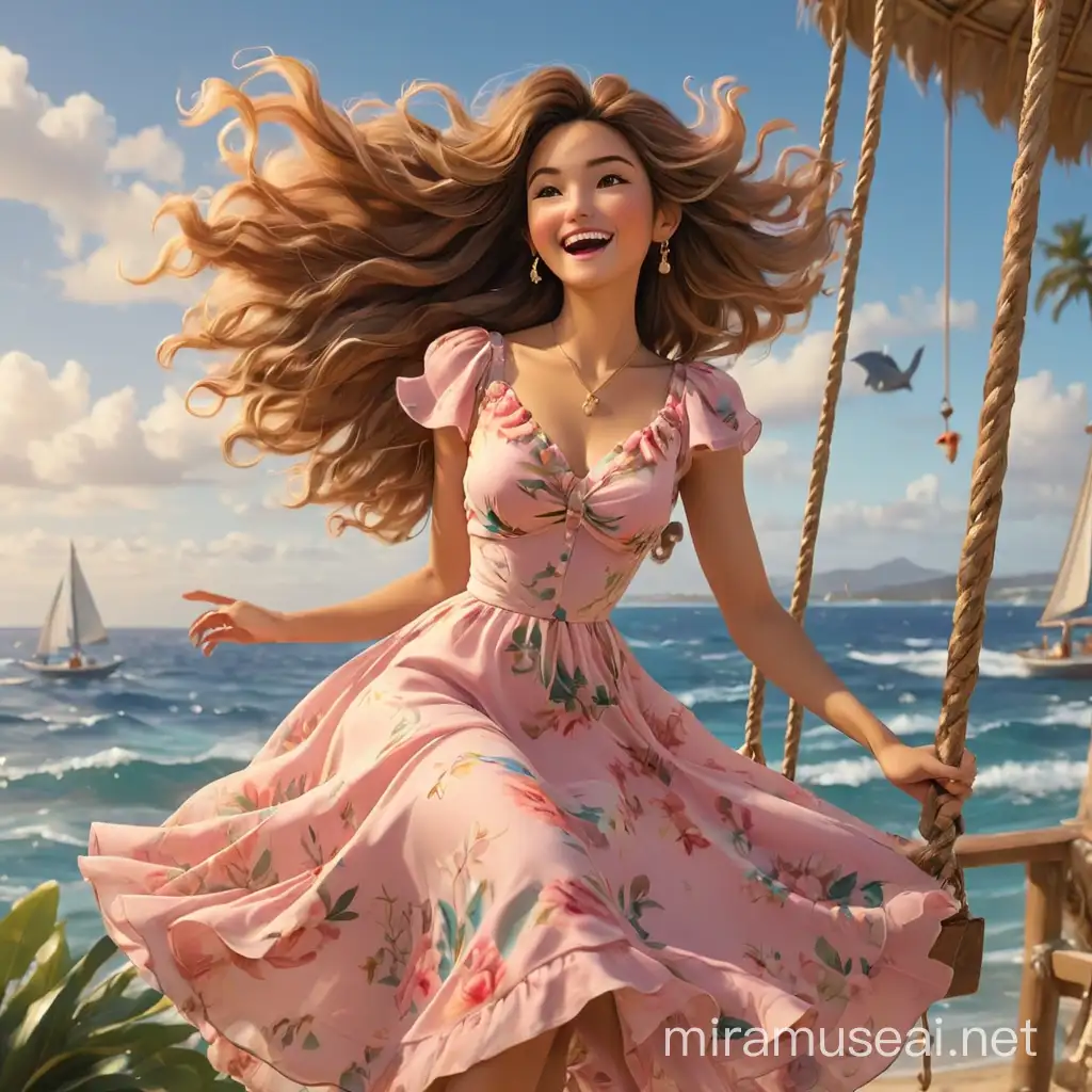 Joyful Woman Swinging by the Picturesque Ocean Shore with Sailboats and Dolphins in the Distance