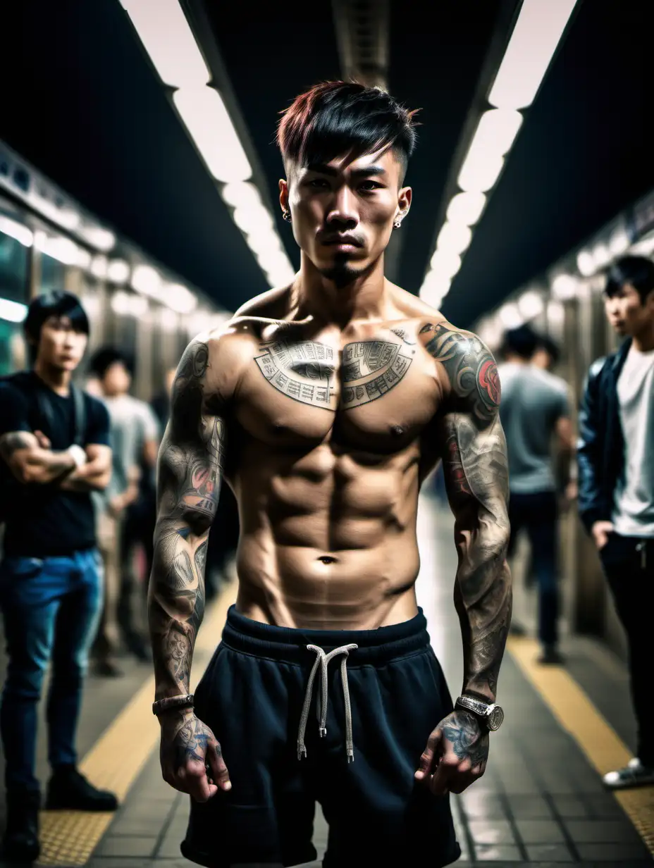 wide-angle shot, masculine muscle japanese young man with tattoos, short hair, flexing bicep in dark metro station at night, other people blurred on the background