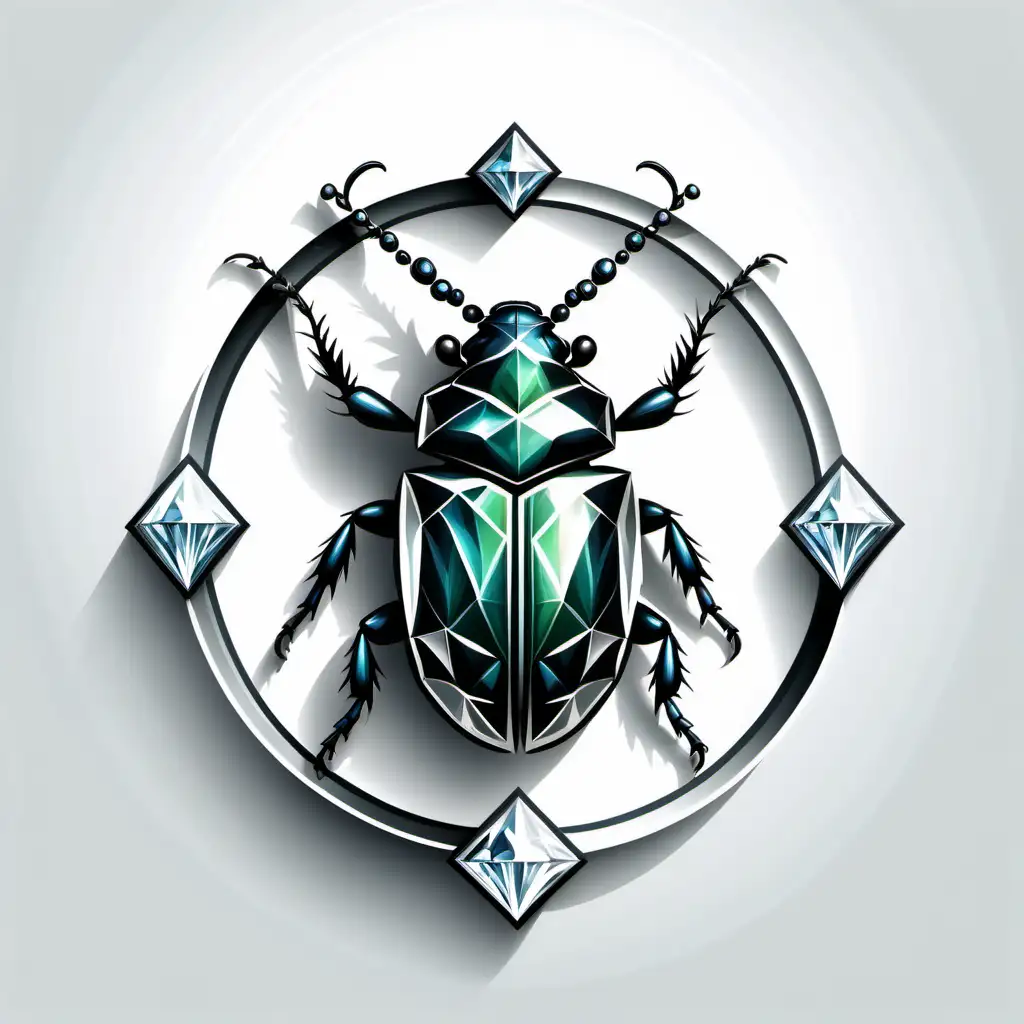 logo of a beetle made of diamond realistic with a circle enclosure with white background, without diamond on the circle