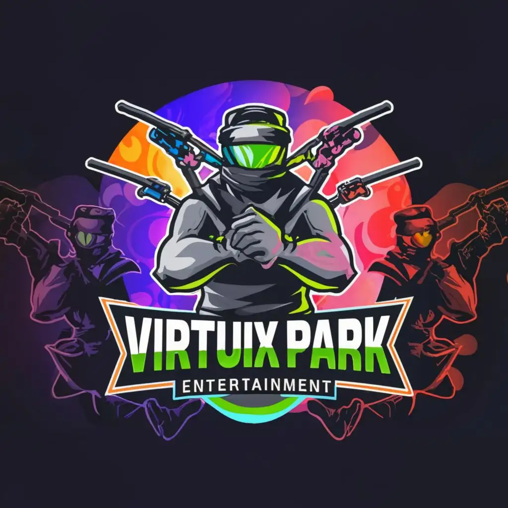 a logo design,with the text "VIRTUIX PARK ENTERTAINMENT. VPE", main symbol:Ninja with huge virtual reality headset on with two rifles on his back, colourful and realistic fonts. Vivid and colourful images. "TARGETEDGE MARKETING" in the background.,Moderate,be used in Entertainment industry,clear background