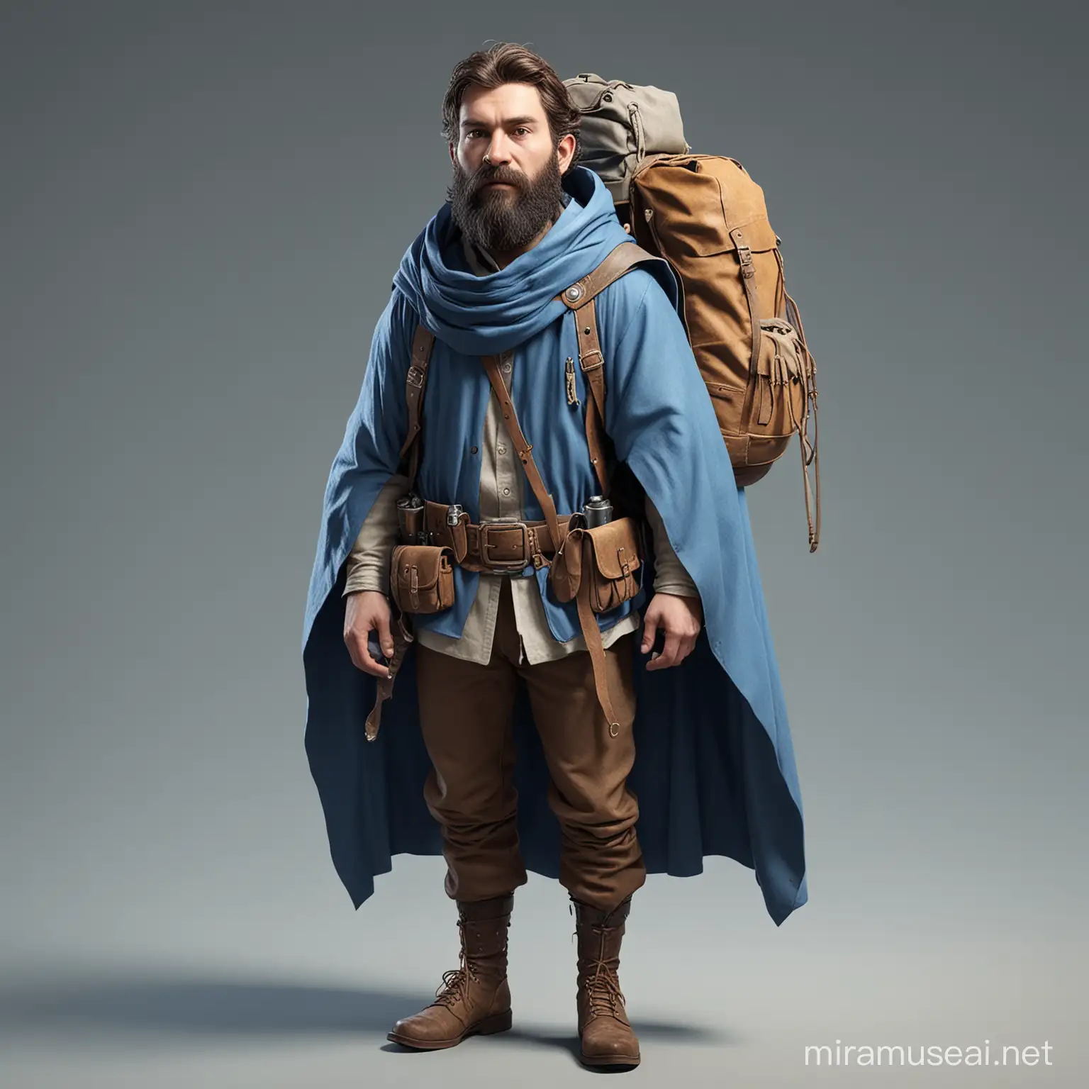 Character concept, mountain man, blue cape around head, bag on back. Camera view is high top down 45-60 degrees
