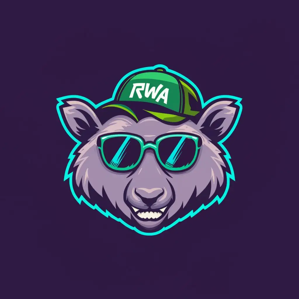 a logo design,with the text "Logo of a head real yellow-gray strong wombat swinging at you with his right pawthe without words, logo will have no letters no words just a wombat head, emblem, graphic, vector, cryptocurrency art, meme, simple illustration, wombat in cool sunglasses and with RWA written on the cap, slose-up, s logo for cryptocurrency token memecoin, BACKGROUND with this 3 gradient Surge Green, Ocean Blue, Purple Dino.", main symbol:.,Minimalistic,clear background