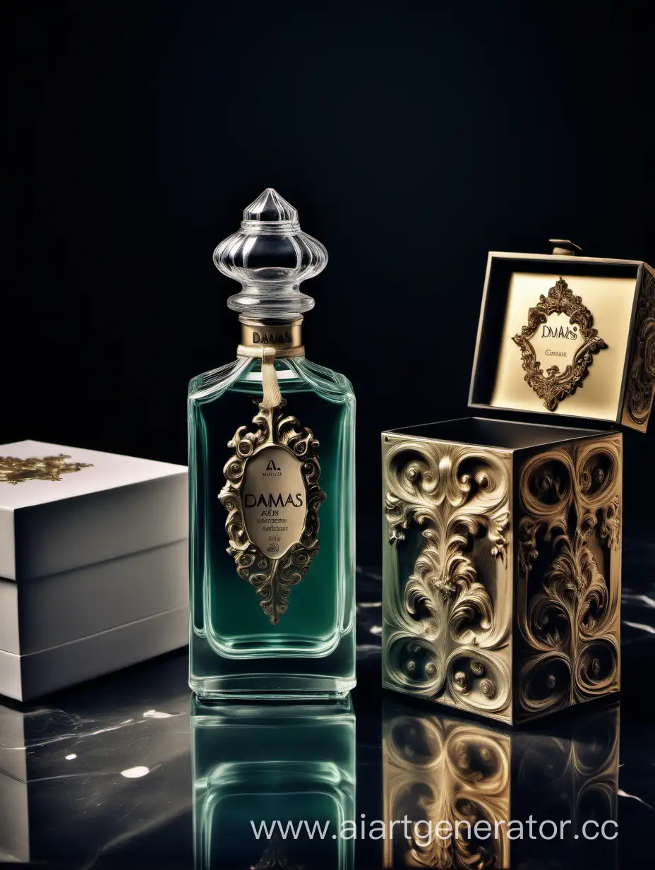 a bottle of damas cologne sitting next to a box, a flemish Baroque by Demetrios Farmakopoulos, instagram contest winner, dau-al-set, dynamic composition, contest winner, feminine