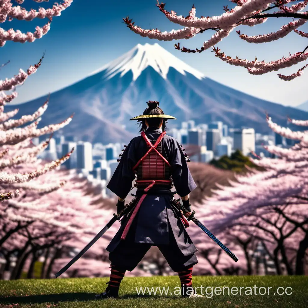 Японский самурай, на фоне сакуры , в далике гора, катаны воткнутые в землю