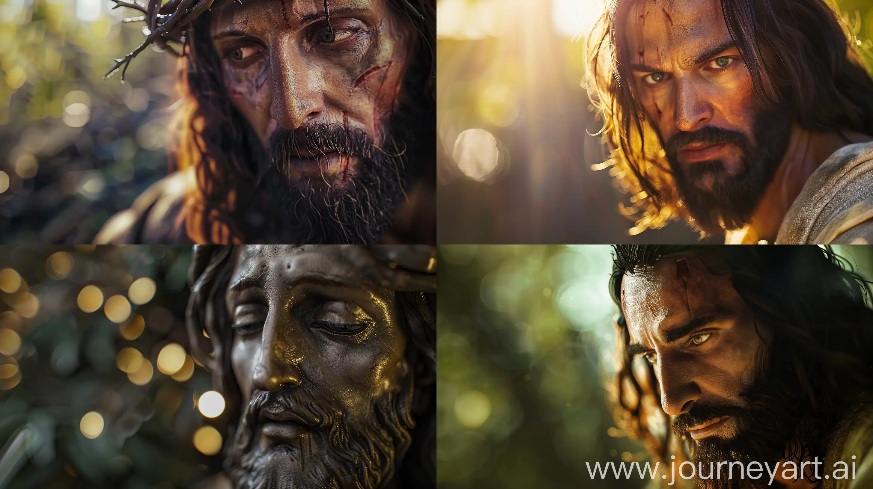 photorealistic Jesus, full-face photo, divine photo, ultrarealistic, detailed, RTX, shot on Canon EOS R6, bokeh, —ar 16:9