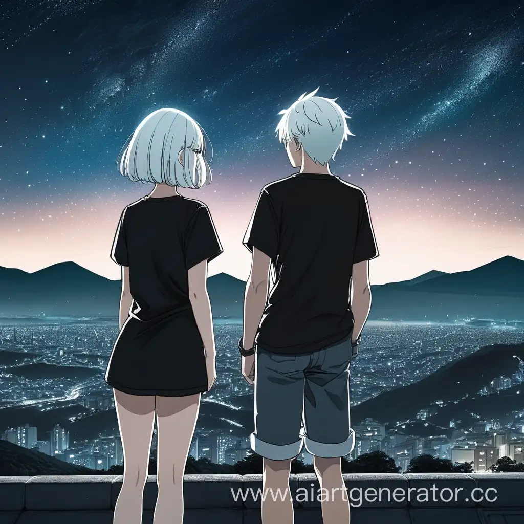 anime style, a guy and a girl look at the night sky with stars, a girl with white hair short hair in a black T-shirt, a guy black hair, black T-shirt, back view