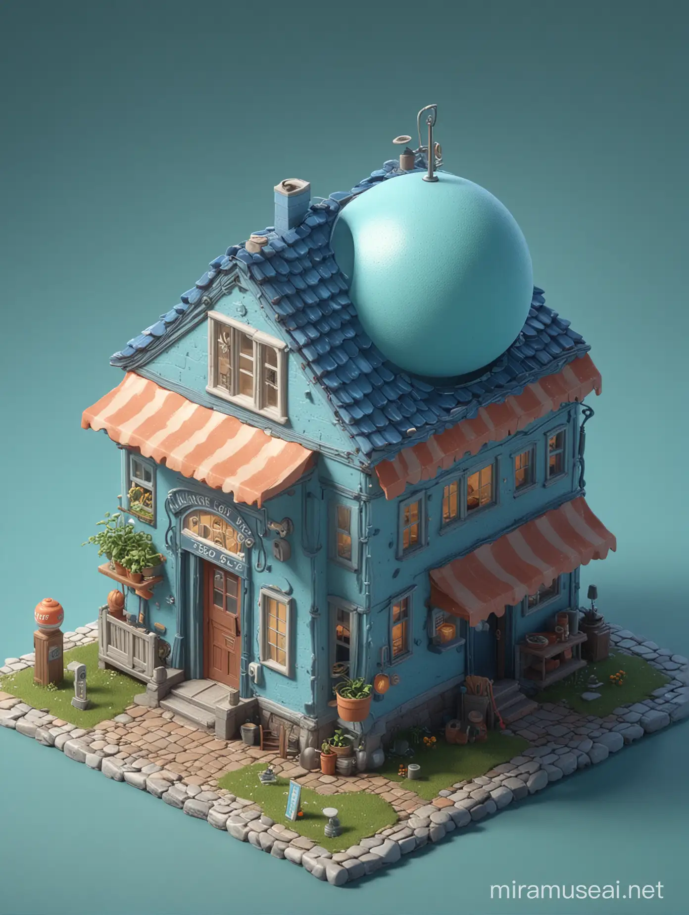 Isometric Blue House Assembly Line Engineering with Potter in Transparent Sphere 3D Art