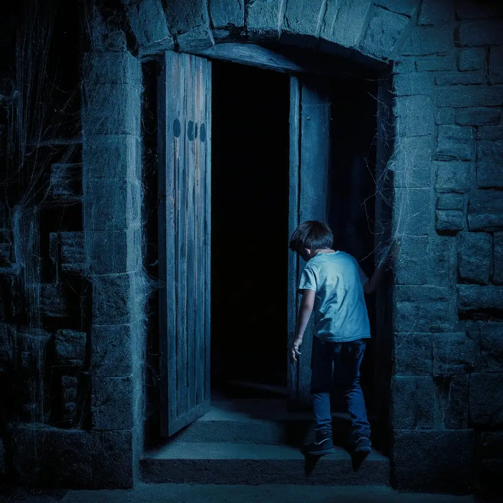 wejście do piwnicy w bardzo starej kamienicy, w wejściu widać ciemność, przy wejściu stoi tyłem młody chłopak atmosfera przerażenia i horroru