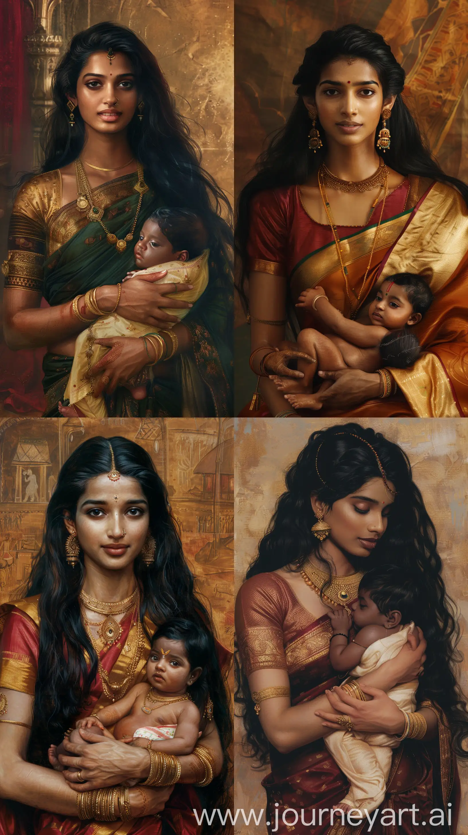 Image in Raj Ravi Varma art style depicting a beautiful Indian woman from ancient Indian times in her twenties, black long hair, holding a new born baby( black complexioned baby) intricate details, 8k quality image --ar 9:16 --v 6